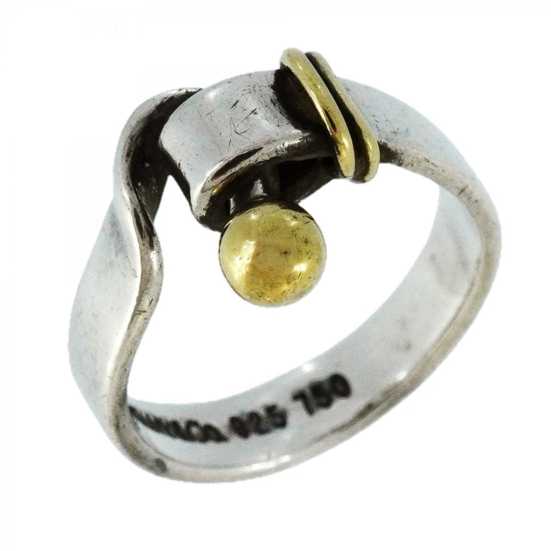 Tiffany Hook & Eye Ring, 18K Yellow Gold and 925 Sterling Silver, Size 8.5, Women's: --- Catalog ---Category: SizeJP Size: 8.5US Size: 4.5Category: DesignType: Band ringGender: WomenMaterial: Silver 925, Yellow gold (18K)Category: GeneralBrand: Tiffany--- Item List ---Section: Conditi