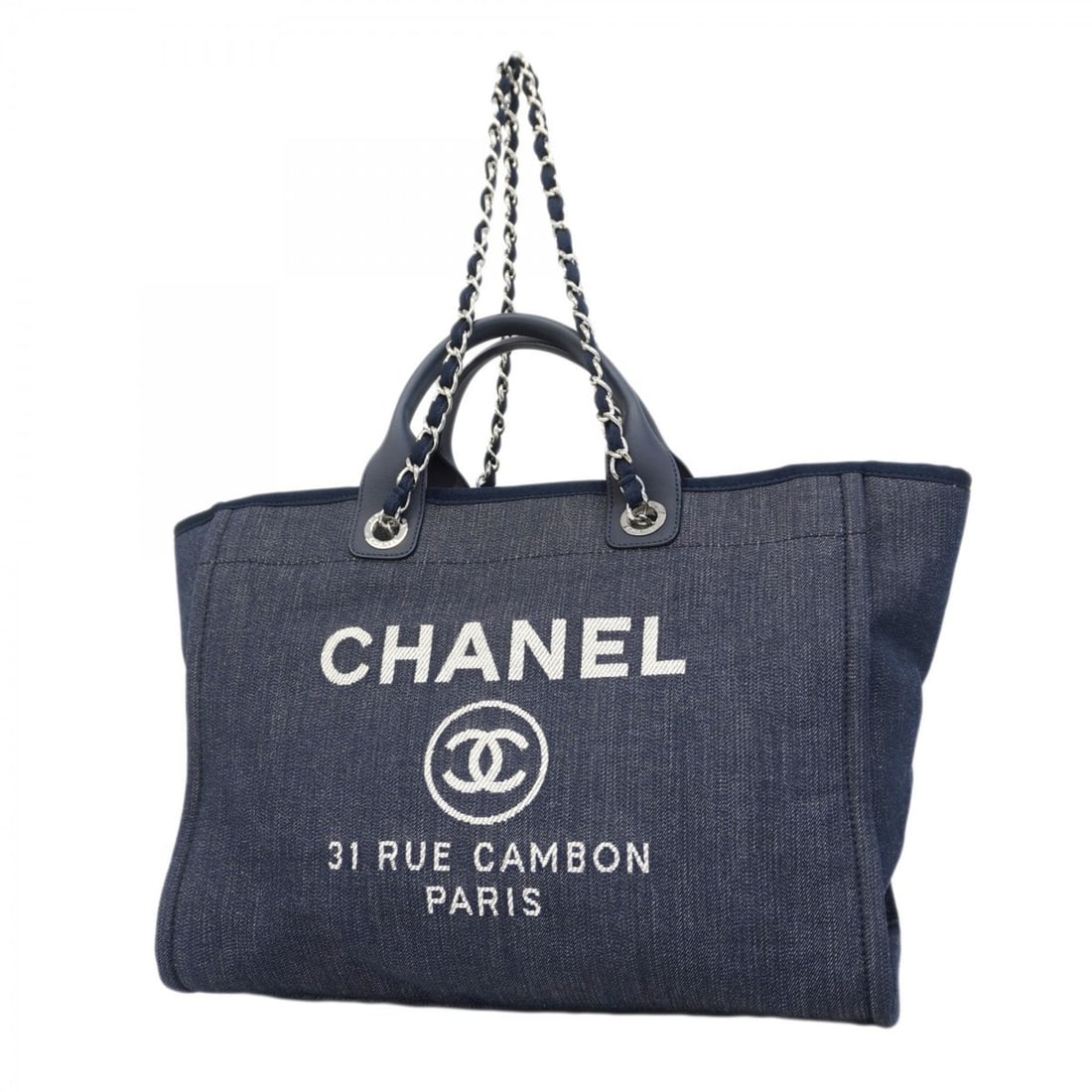 Chanel Deauville Tote Bag with Chain Shoulder Strap, Navy Blue, 2-Way for Women: --- Catalog ---Category: SizeSize (HxWxD): 28cm x 38cm x 19cm / 11.02'' x 14.96'' x 7.48''Category: DesignType: Tote bagColor: NavyGender: WomenMaterial: Denim Hardware Color: SilverCategory: GeneralB
