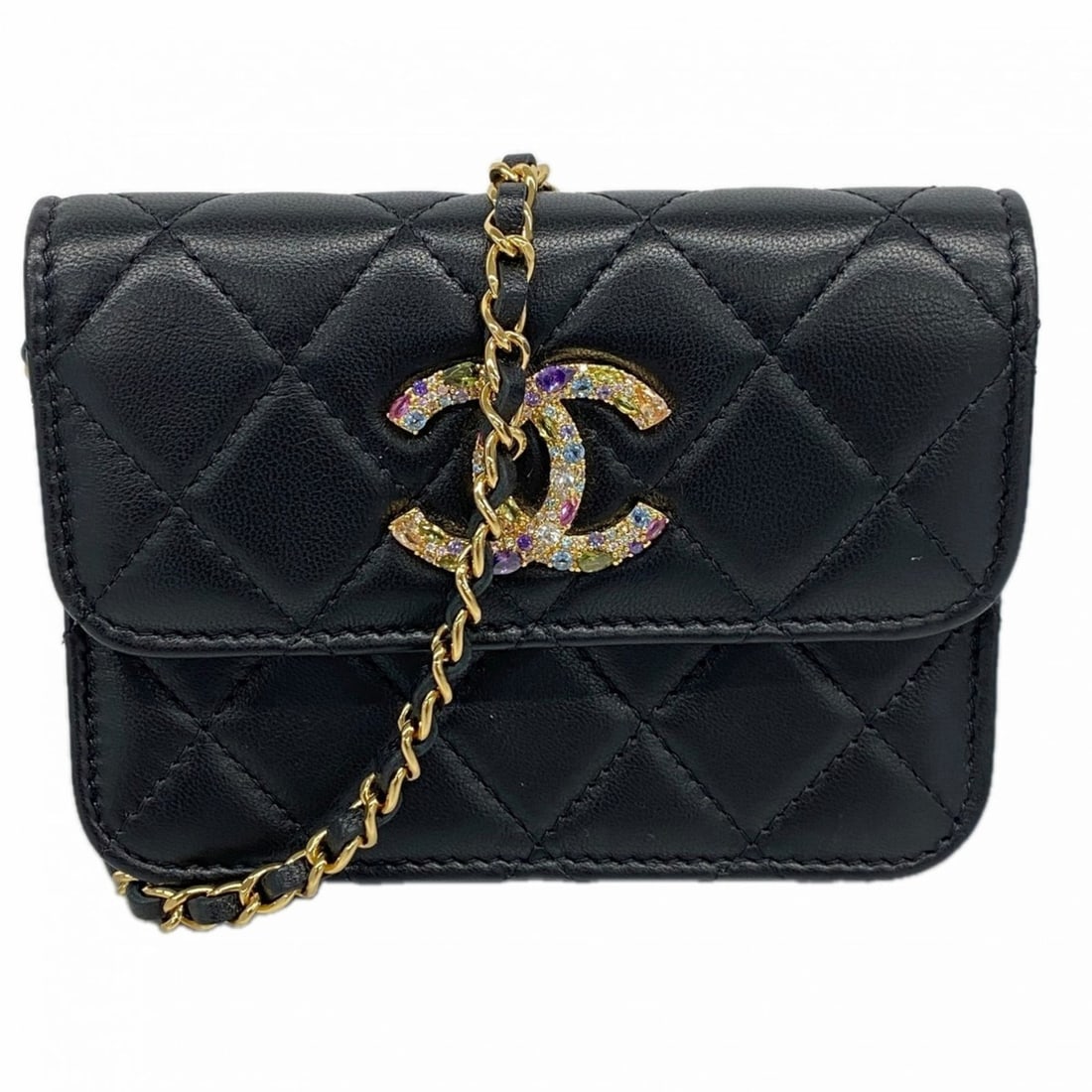 Chanel Matelasse Shoulder Bag with Chain Bag, Lambskin, Black, Women's: --- Catalog ---Category: SizeSize (HxWxD): 9cm x 12cm x 2cm / 3.54'' x 4.72'' x 0.78''Category: DesignType: Shoulder bagColor: BlackGender: WomenMaterial: Leather Hardware Color: GoldLeather/Fur