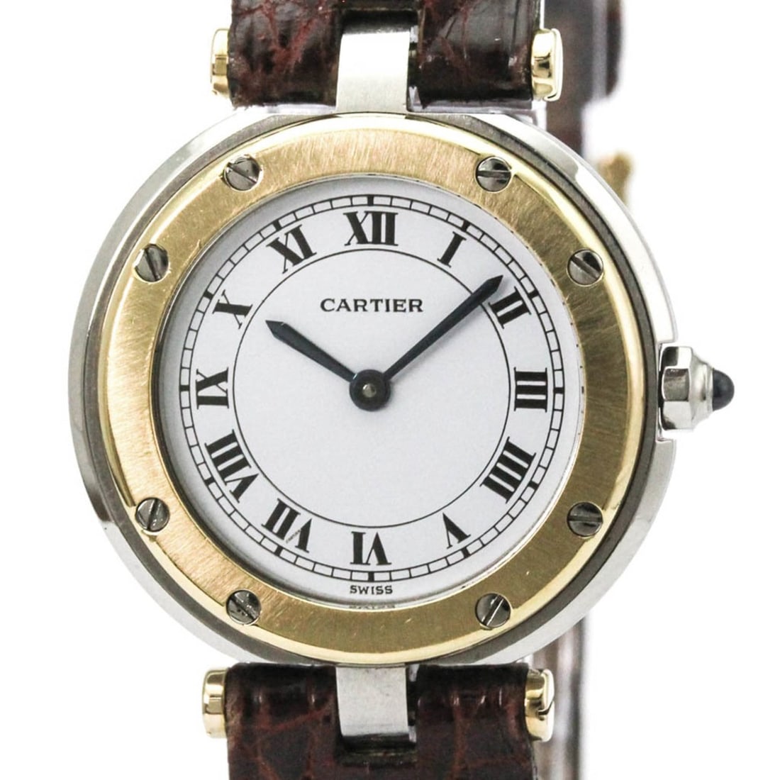 CARTIER Santos Round 18K Gold Steel Leather Quartz Ladies Watch Polished: --- Catalog ---Category: SizeCase Diameter: 27mm / 1.06''Category: DesignType: WristwatchStyle: Dress/FormalGender: WomenColor (Dial): WhiteMaterial (Band): LeatherMaterial (Case): Stainless steel, Ye