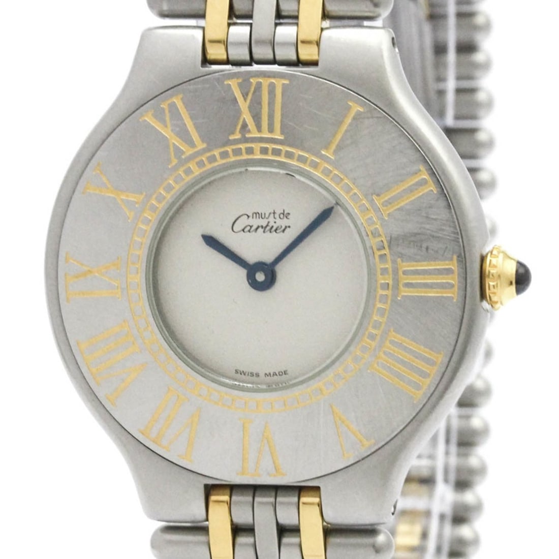 CARTIER Must 21 Gold Plated Stainless Steel Quartz Unisex Watch: --- Catalog ---Category: SizeCase Diameter: 31mm / 1.22''Category: DesignType: WristwatchStyle: Dress/FormalGender: UnisexColor (Dial): SilverMaterial (Band): Gold plated, Stainless steelMaterial (Cas