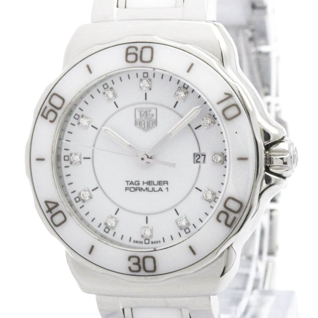 TAG HEUER Fomula 1 Diamond Ceramic Steel Ladies Watch WAH1315 Polished: --- Catalog ---Category: SizeCase Diameter: 31mm / 1.22''Category: DesignType: WristwatchStyle: SportGender: WomenColor (Dial): WhiteMaterial (Band): Ceramic, Stainless steelMaterial (Case): Ceramic,