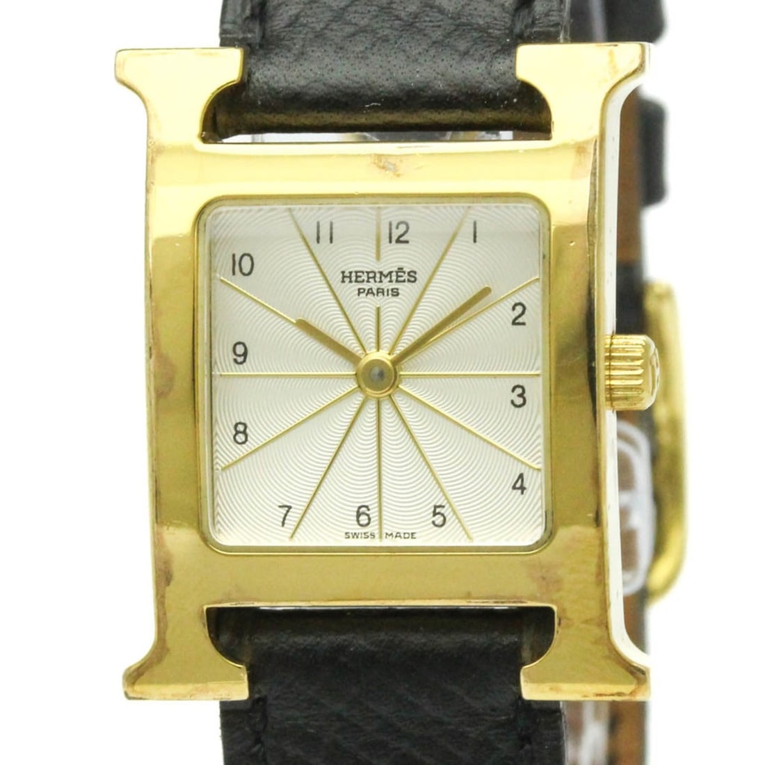 HERMES H Watch Gold Plated Leather Quartz Ladies Watch HH1.201: --- Catalog ---Category: SizeCase Diameter: 21mm / 0.83''Category: DesignType: WristwatchStyle: Dress/FormalGender: WomenColor (Dial): SilverMaterial (Band): LeatherMaterial (Case): Gold platedCategor