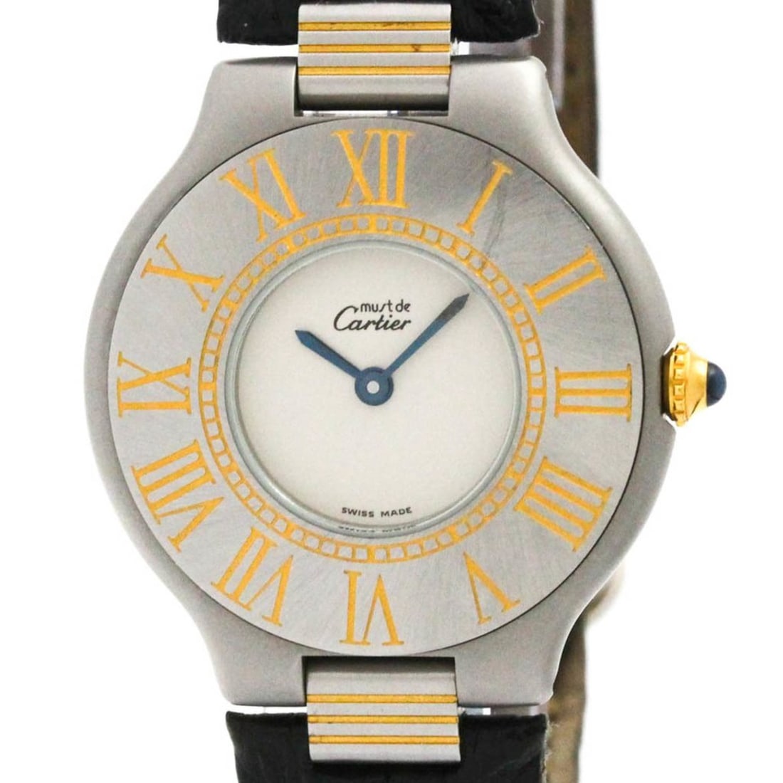 CARTIER Must 21 Gold Plated Steel Leather Quartz Ladies Watch: --- Catalog ---Category: SizeCase Diameter: 31mm / 1.22''Category: DesignType: WristwatchStyle: Dress/FormalGender: Men,WomenColor (Dial): SilverMaterial (Band): LeatherMaterial (Case): Gold plated, S