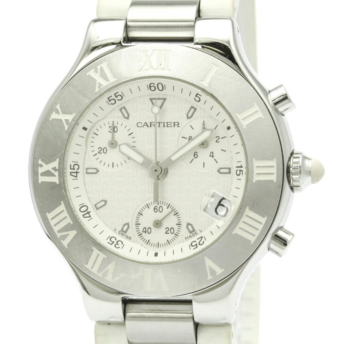 CARTIER Must 21 Chronoscaph Steel Rubber Mens Watch W10184U2 Polished: --- Catalog ---Category: SizeCase Diameter: 38mm / 1.5''Category: DesignType: WristwatchStyle: SportGender: MenColor (Dial): WhiteMaterial (Band): RubberMaterial (Case): Stainless steelCategory: Gener