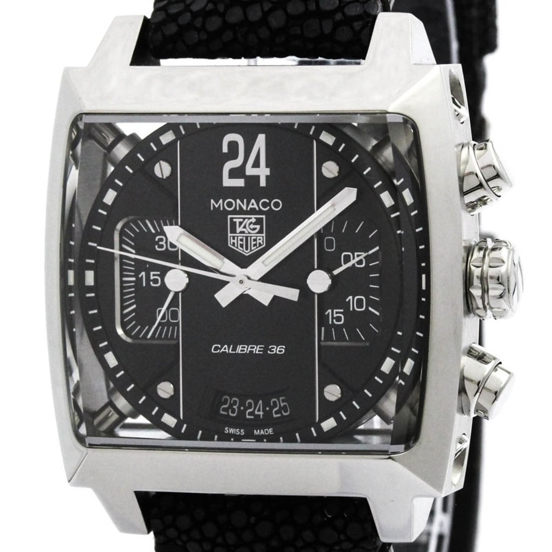 TAG HEUER Monaco 24 Calibre 36 Steel Automatic Watch CAL5113 Polished: --- Catalog ---Category: SizeCase Diameter: 41mm / 1.61''Category: DesignType: WristwatchStyle: SportGender: MenColor (Dial): BlackMaterial (Band): LeatherMaterial (Case): Stainless steelCategory: Gen