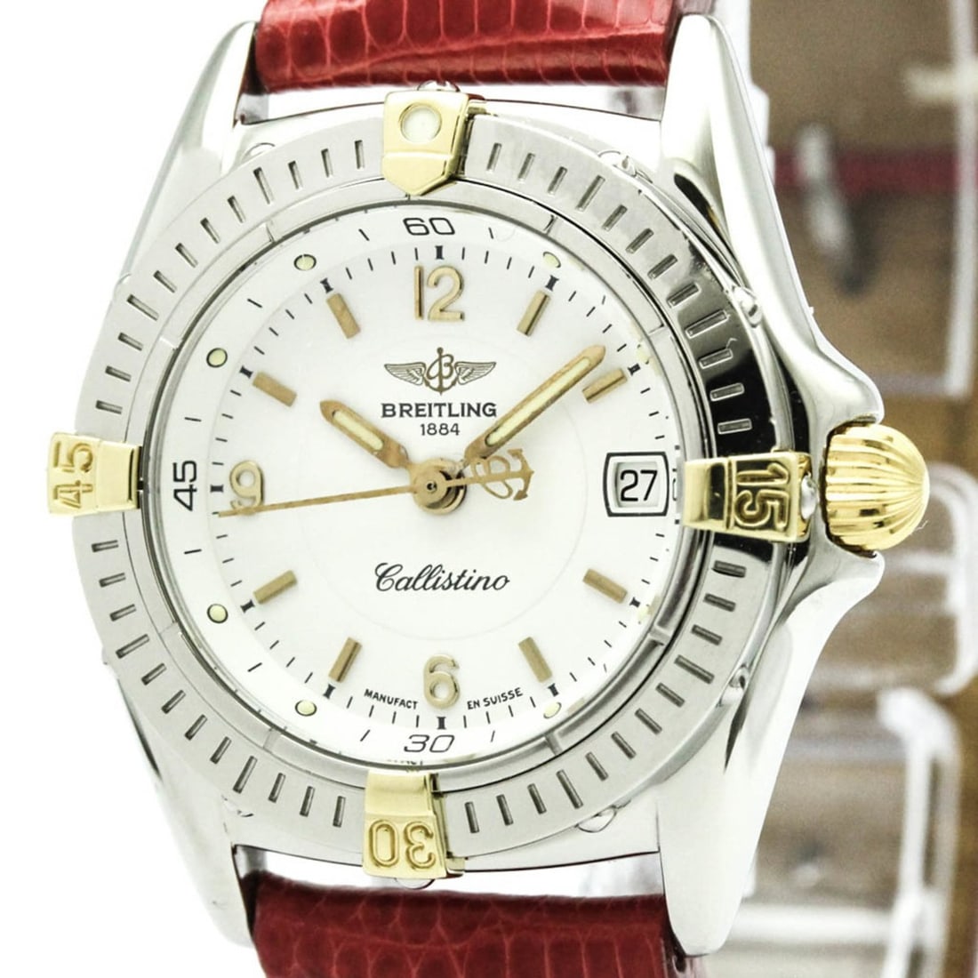 BREITLING Callistino Gold Steel Quartz Ladies Watch B52045.1 Polished: --- Catalog ---Category: SizeCase Diameter: 28mm / 1.1''Category: DesignType: WristwatchStyle: SportGender: WomenColor (Dial): WhiteMaterial (Band): LeatherMaterial (Case): Stainless steel, Yellow gol