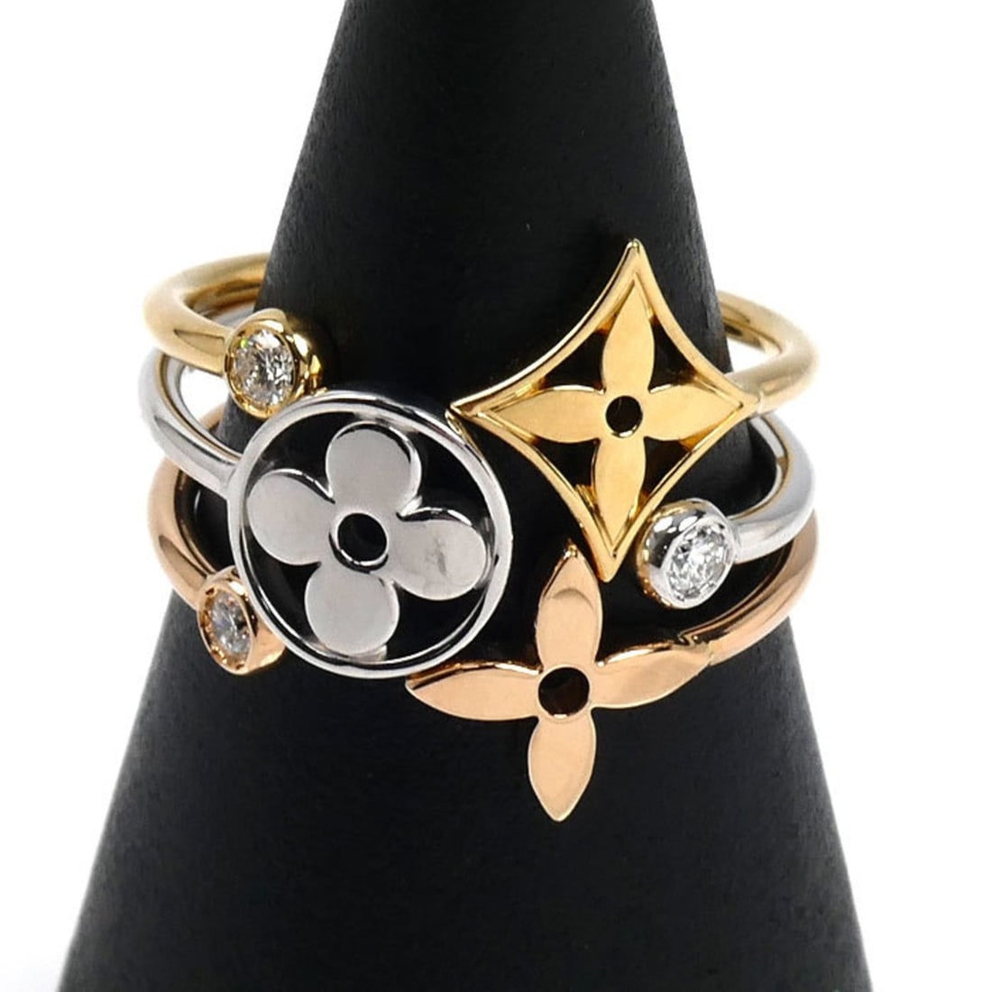 LOUIS VUITTON 18K Yellow Gold, PG, and WG Berg Monogram Idylle Diamond Ring Q9F15F, 52 Diamonds,: --- Catalog ---Category: SizeUS Size: 6.5Brand Size: 52Category: DesignType: Band ringStone: DiamondGender: WomenMaterial: Pink gold (18K), White gold (18K), Yellow gold (18K)Category: GeneralMPN: Q9F