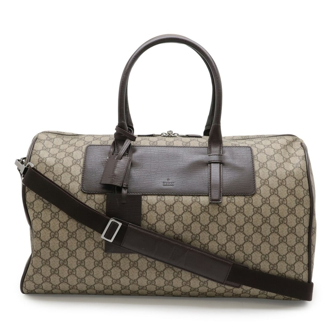 GUCCI GG Supreme Plus Boston Bag, Handbag, Shoulder Leather, Beige, Dark Brown, 101670: --- Catalog ---Category: SizeSize (HxWxD): 28cm x 50cm x 23cm / 11.02'' x 19.68'' x 9.05''Category: DesignType: Boston bag, Handbag, Shoulder bagColor: Beige, Dark brownGender: WomenMaterial: GG Supre