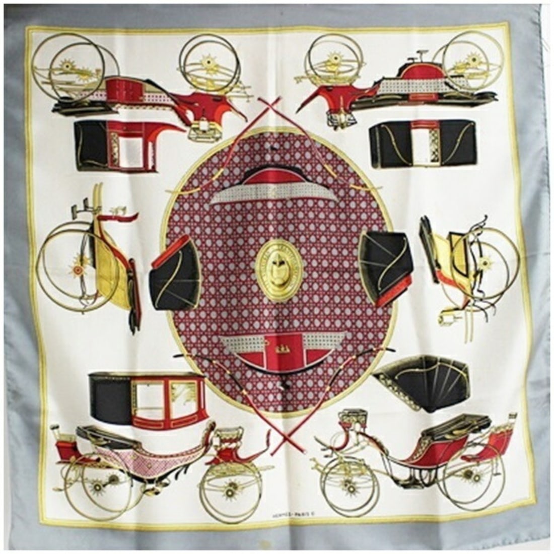 Hermes scarf/muffler, Carré 90 "Les Voitures a Transformation" foldable covered wagon, HERMES for: --- Catalog ---Category: SizeSize (LxW): 90cm x 88cm / 35.43'' x 34.64''Category: DesignType: ScarfColor: Gray, WhiteGender: WomenCategory: GeneralBrand: Hermes--- Item List ---Section: