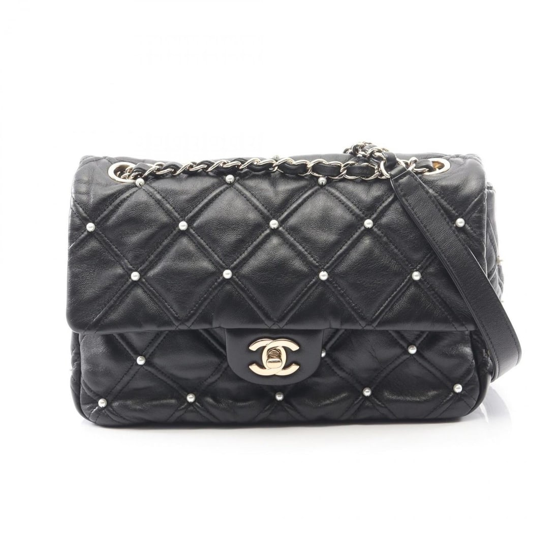 CHANEL Matelasse Faux Pearl Shoulder Bag, Handbag, Lambskin Leather, Women's, Black, AS1202 (1 of 8)