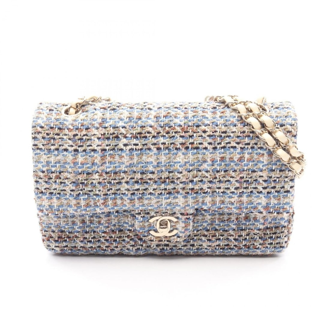 CHANEL Matelasse Double Flap Shoulder Bag, Handbag, Fabric, Women's, Blue, Multicolor: --- Catalog ---Category: SizeSize (HxWxD): 16cm x 25cm x 6.5cm / 6.29'' x 9.84'' x 2.55''Category: DesignType: Handbag, Shoulder bagColor: Blue, Multi-colorGender: WomenMaterial: Fabric Category: Gene