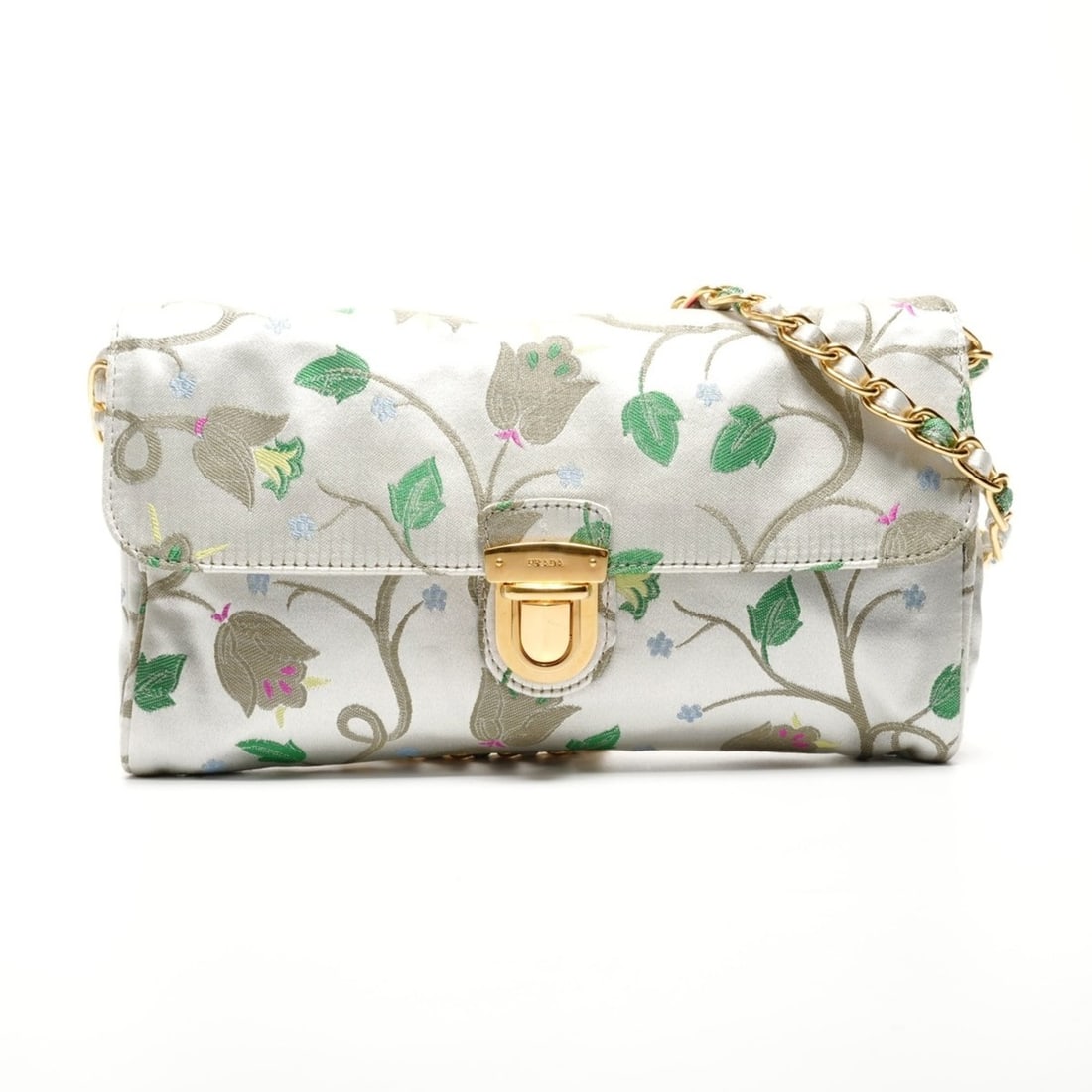 Prada Brocade Floral Chain Strap Shoulder Bag, Gray, WS26826: --- Catalog ---Category: SizeSize (HxWxD): 14.5cm x 24cm x 3cm / 5.7'' x 9.44'' x 1.18''Strap Length: 120cm / 47.24''Category: DesignType: Shoulder bagColor: GrayGender: WomenCategory: GeneralBrand: P