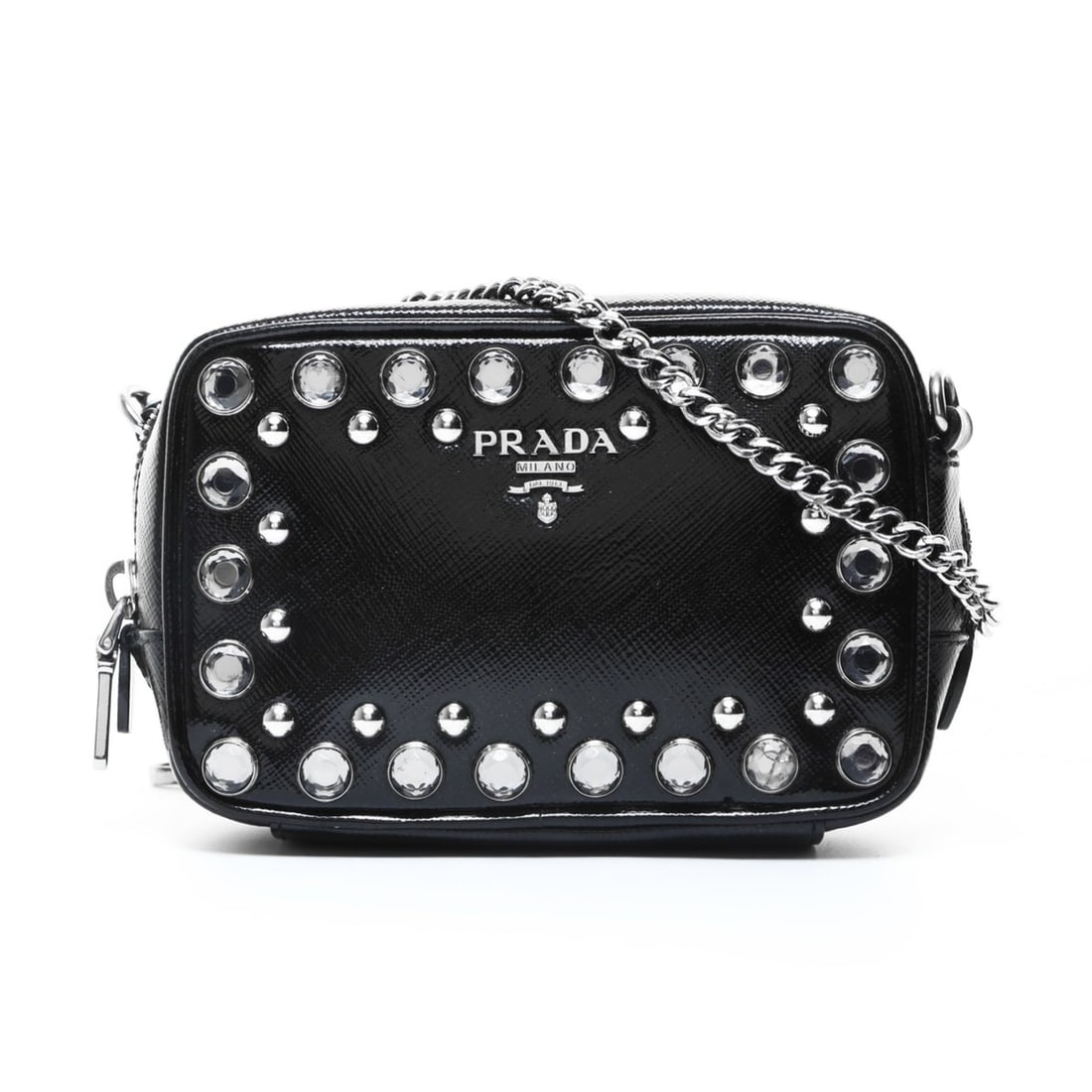 Prada Studded Mini Camera Bag Shoulder Black WS25737: --- Catalog ---Category: SizeSize (HxWxD): 10cm x 15cm x 5.5cm / 3.93'' x 5.9'' x 2.16''Category: DesignType: Shoulder bagColor: BlackGender: WomenCategory: GeneralBrand: Prada--- Item List ---Section