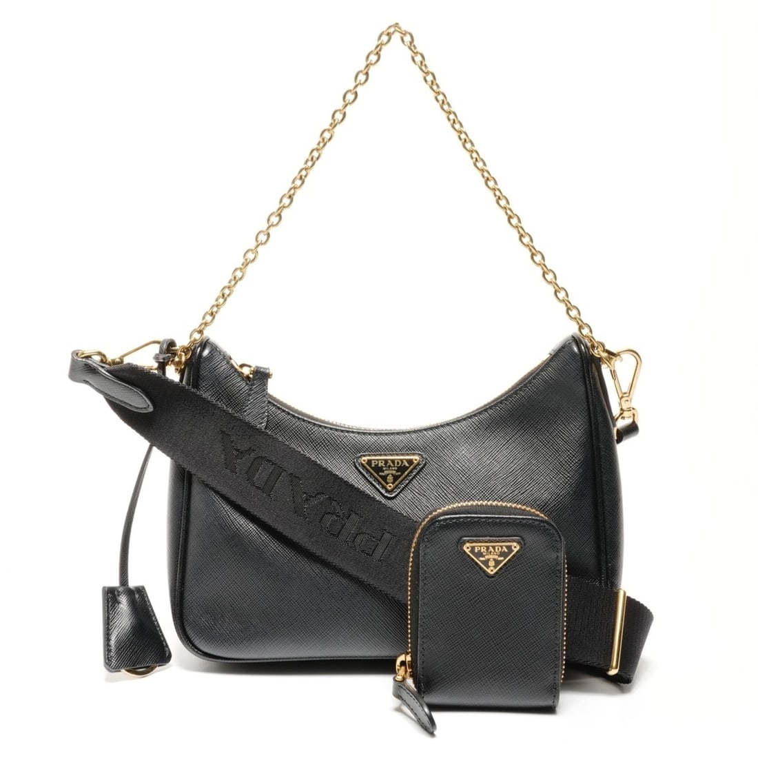 Prada Saffiano Leather 2-Way Triangle Logo Re-Edition 2005 Shoulder Bag, Black, WS26708: --- Catalog ---Category: SizeSize (HxWxD): 16.5cm x 22cm x 6cm / 6.49'' x 8.66'' x 2.36''Strap Length: 78cm - 110cm / 30.7'' - 43.3''Category: DesignType: Shoulder bagColor: BlackGender: WomenMaterial