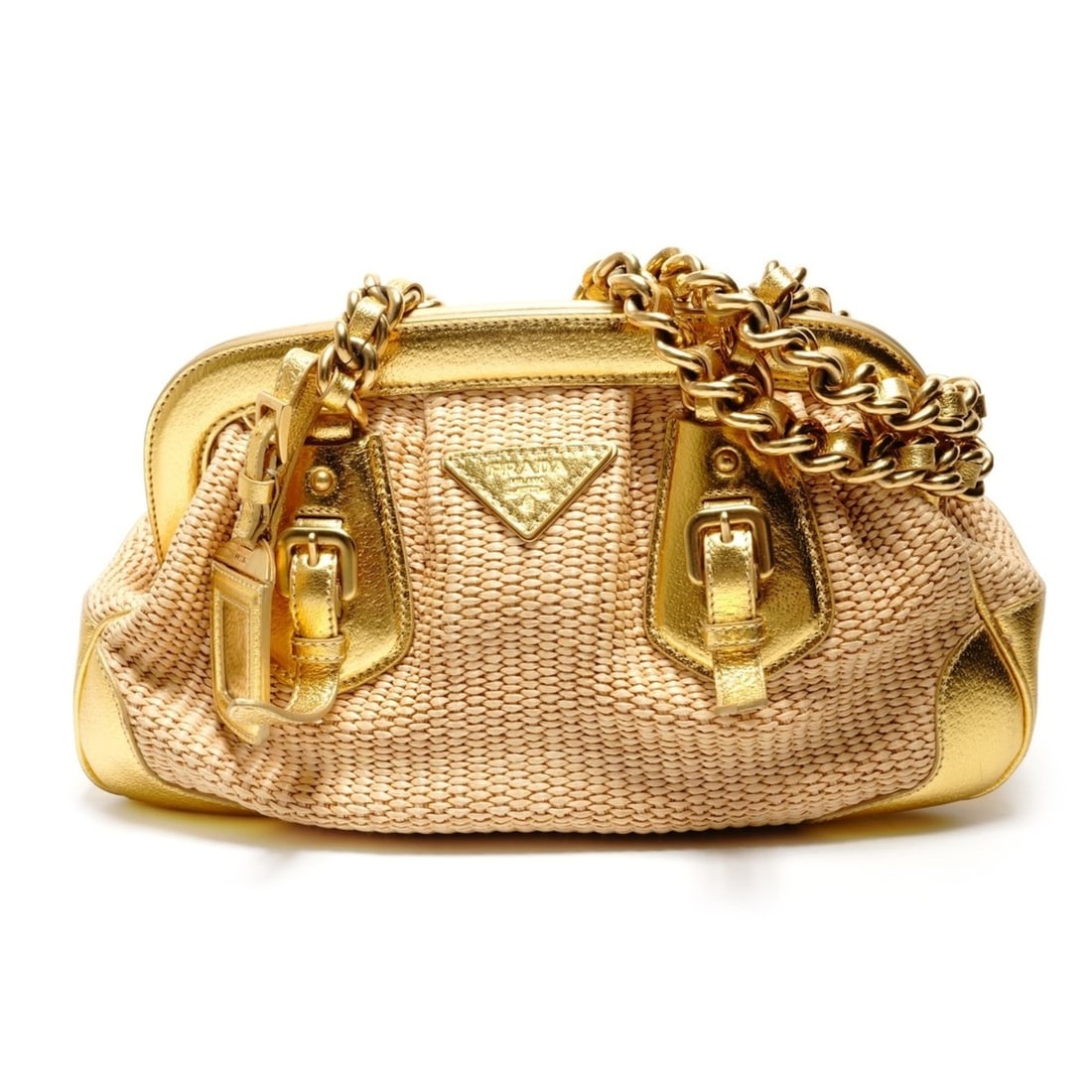 Prada Raffia Basket Bag with Leather Chain Shoulder Bag, Gold, WS26382: --- Catalog ---Category: SizeStrap Drop: 56cm / 22.04''Size (HxWxD): 17cm x 35cm x 11cm / 6.69'' x 13.77'' x 4.33''Category: DesignType: Shoulder bagColor: GoldGender: WomenMaterial: Raffia Category: