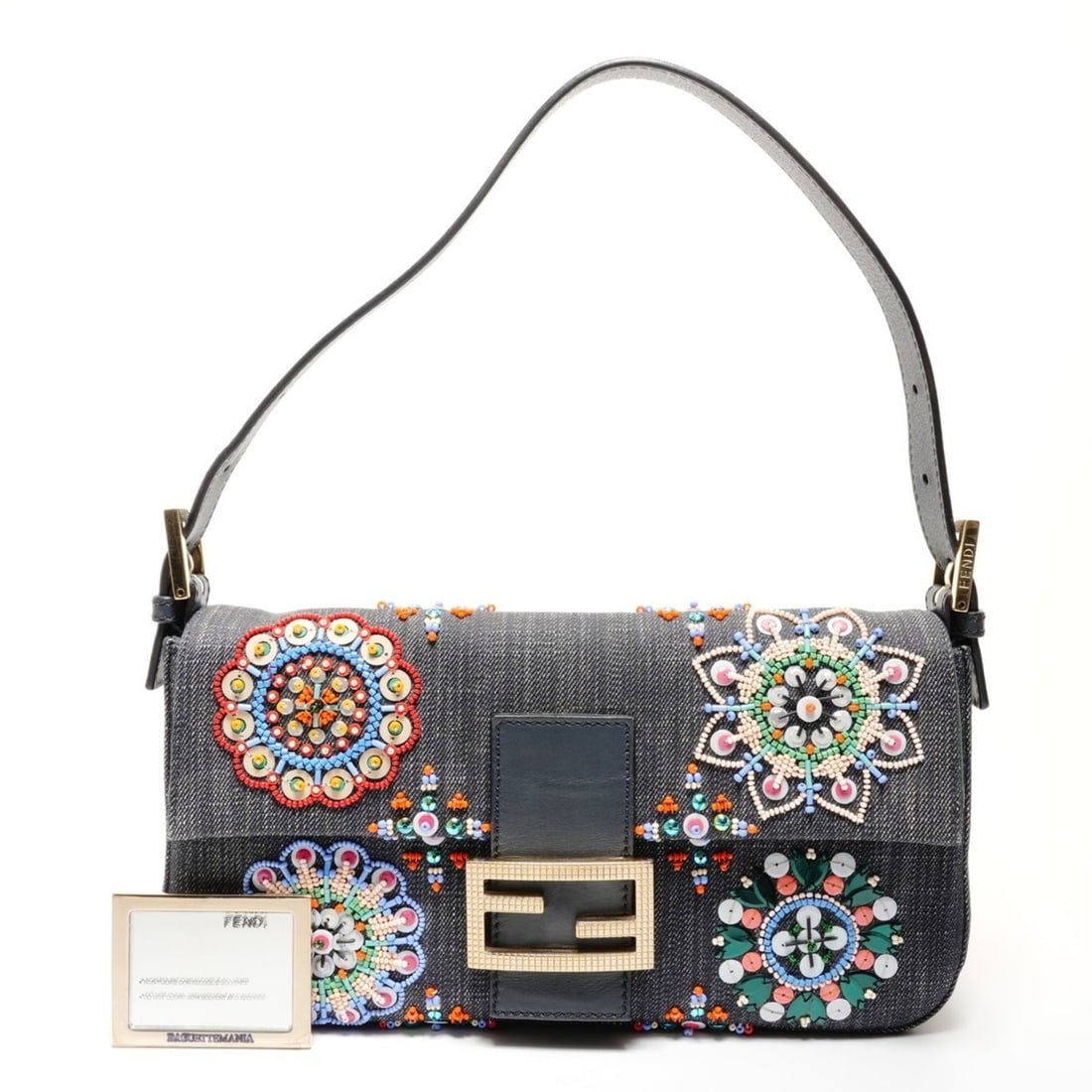 FENDI Mamma Bucket Jeweled Denim Beaded Shoulder Bag Blue WS25523: --- Catalog ---Category: SizeSize (HxWxD): 15cm x 27cm x 4.5cm / 5.9'' x 10.62'' x 1.77''Strap Length: 45cm / 17.71''Category: DesignType: Shoulder bagColor: BlueGender: WomenMaterial: Denim Category: