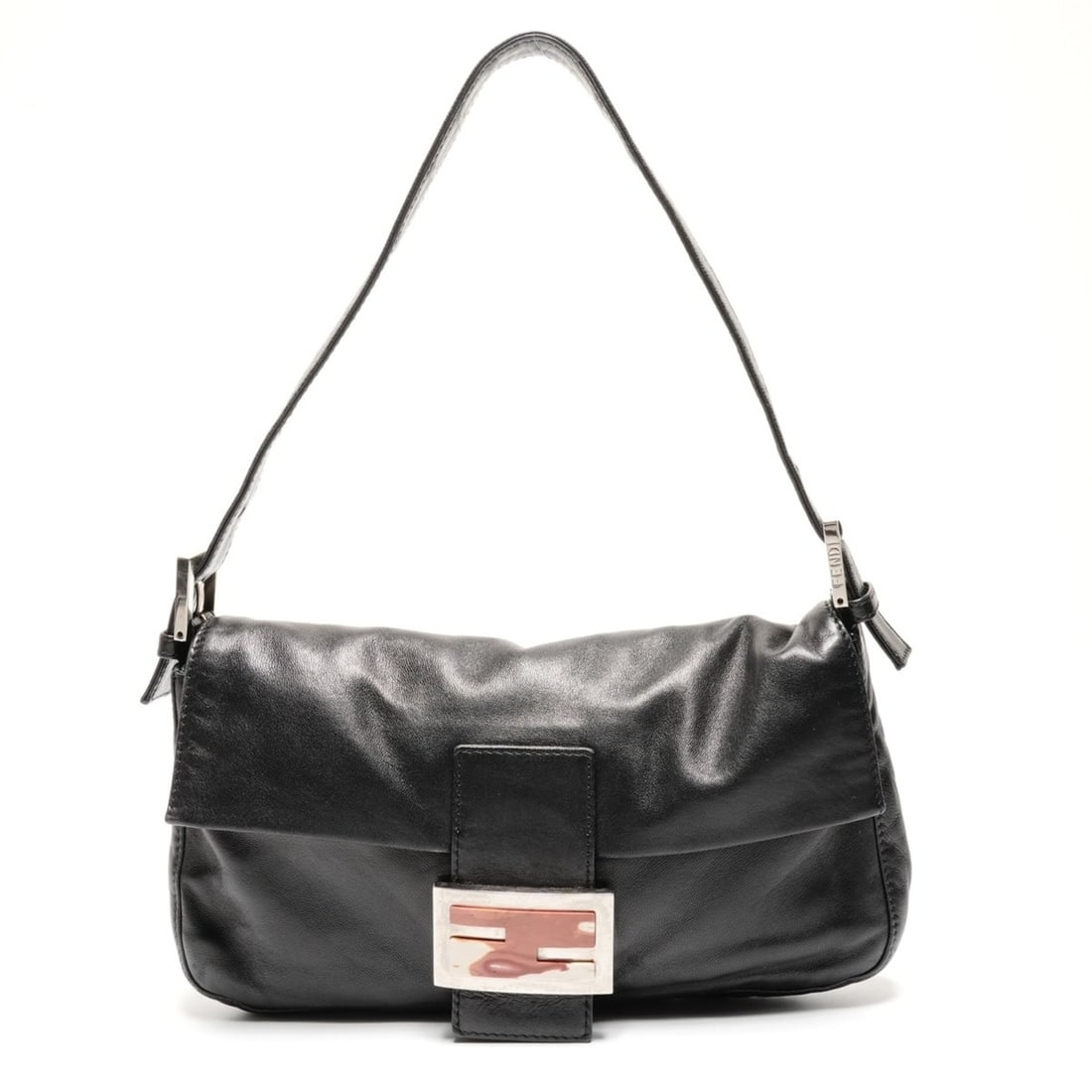 FENDI Mamma Bucket Shoulder Bag in Black Lambskin Leather (WS26691): --- Catalog ---Category: SizeSize (HxWxD): 15cm x 25cm x 3.5cm / 5.9'' x 9.84'' x 1.37''Strap Length: 36cm - 48cm / 14.17'' - 18.89''Category: DesignType: Shoulder bagColor: BlackGender: WomenMaterial