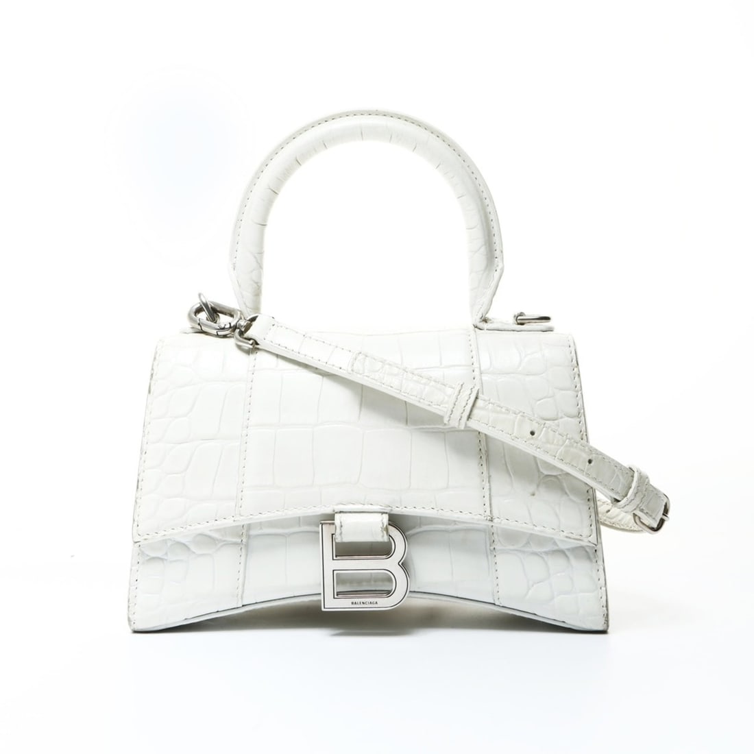 Balenciaga Hourglass XS 592833 2-way Embossed Leather Shoulder Bag White WS26016: --- Catalog ---Category: SizeHandle Drop: 8.00cm / 3.15''Size (HxWxD): 12cm x 19cm x 7cm / 4.72'' x 7.48'' x 2.75''Strap Length: 115cm / 45.27''Category: DesignType: Shoulder bagColor: WhiteGender: Wo