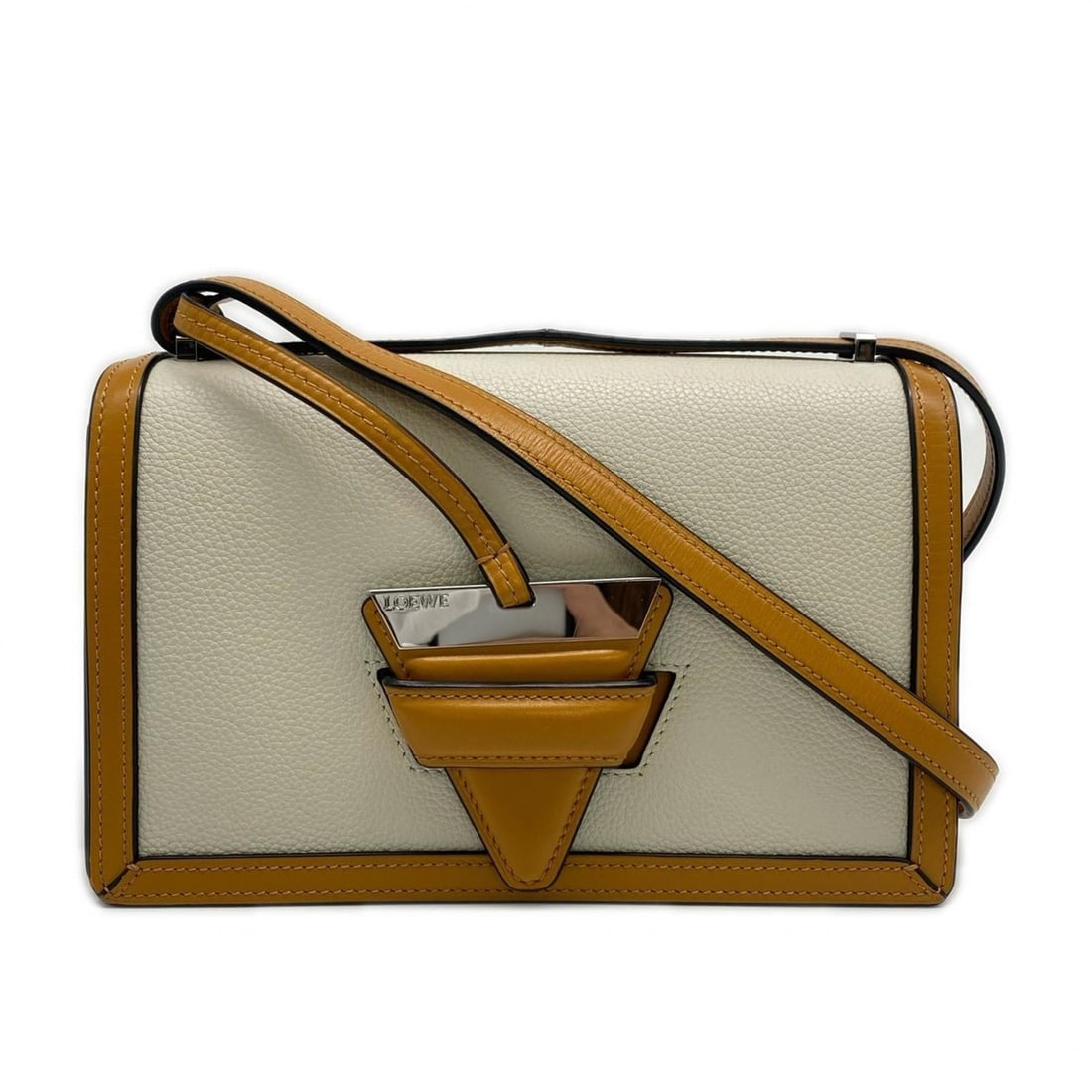 LOEWE Barcelona Crossbody Bag in Soft Grained Calfskin (302.12RM15) - White/Brown Leather, Women's: --- Catalog ---Category: SizeSize (HxWxD): 15cm x 24cm x 9cm / 5.9'' x 9.44'' x 3.54''Category: DesignType: Shoulder bagColor: Brown, WhiteGender: WomenMaterial: Leather Category: GeneralMPN: 302.12RM