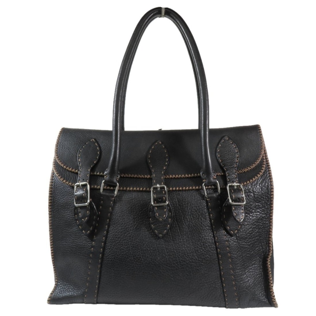 FENDI Selleria Leather Handbag/Tote/Document Bag with Stitched Design and Logo Plate, Black, for Men: --- Catalog ---Category: SizeSize (HxWxD): 32cm x 40cm x 14cm / 12.59'' x 15.74'' x 5.51''Category: DesignType: HandbagColor: BlackGender: Men,WomenMaterial: Leather Category: GeneralBrand: FendiCount