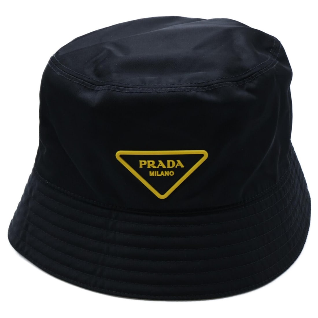 PRADA Prada Triangle Logo Nylon Rubber Bucket Hat, Size M, Black, Yellow, Men's: --- Catalog ---Category: DesignType: Bucket hatColor: Black, YellowGender: MenMaterial: Nylon Category: GeneralBrand: PradaCategory: MeasurementsCircumference: 57cm / 22.44''--- Item List ---Section: