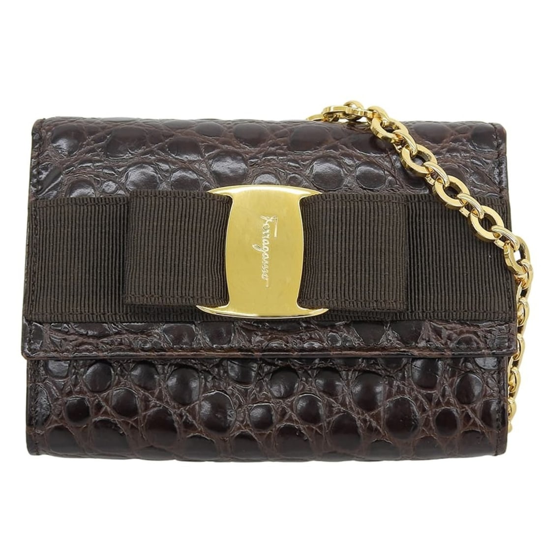 Salvatore Ferragamo Vara Ribbon Embossed Leather Chain Shoulder Bag, Brown, Women's: --- Catalog ---Category: SizeSize (HxWxD): 10.5cm x 14.5cm x 5cm / 4.13'' x 5.7'' x 1.96''Category: DesignType: Shoulder bagColor: BrownGender: WomenMaterial: Leather Leather/Fur Type: Embossed leathe