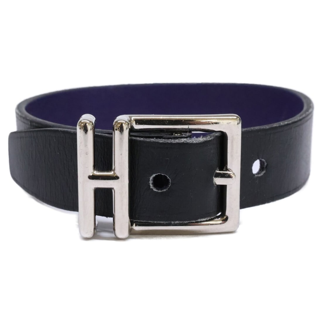HERMES Nathan Reversible C Stamped Leather Bracelet T4 Black Purple Silver Men's: --- Catalog ---Category: SizeLength: 16cm - 18cm / 6.29'' - 7.08''Category: DesignType: Charm braceletColor: Black, Purple, SilverGender: MenMaterial: LeatherCategory: GeneralBrand: Hermes--- Item