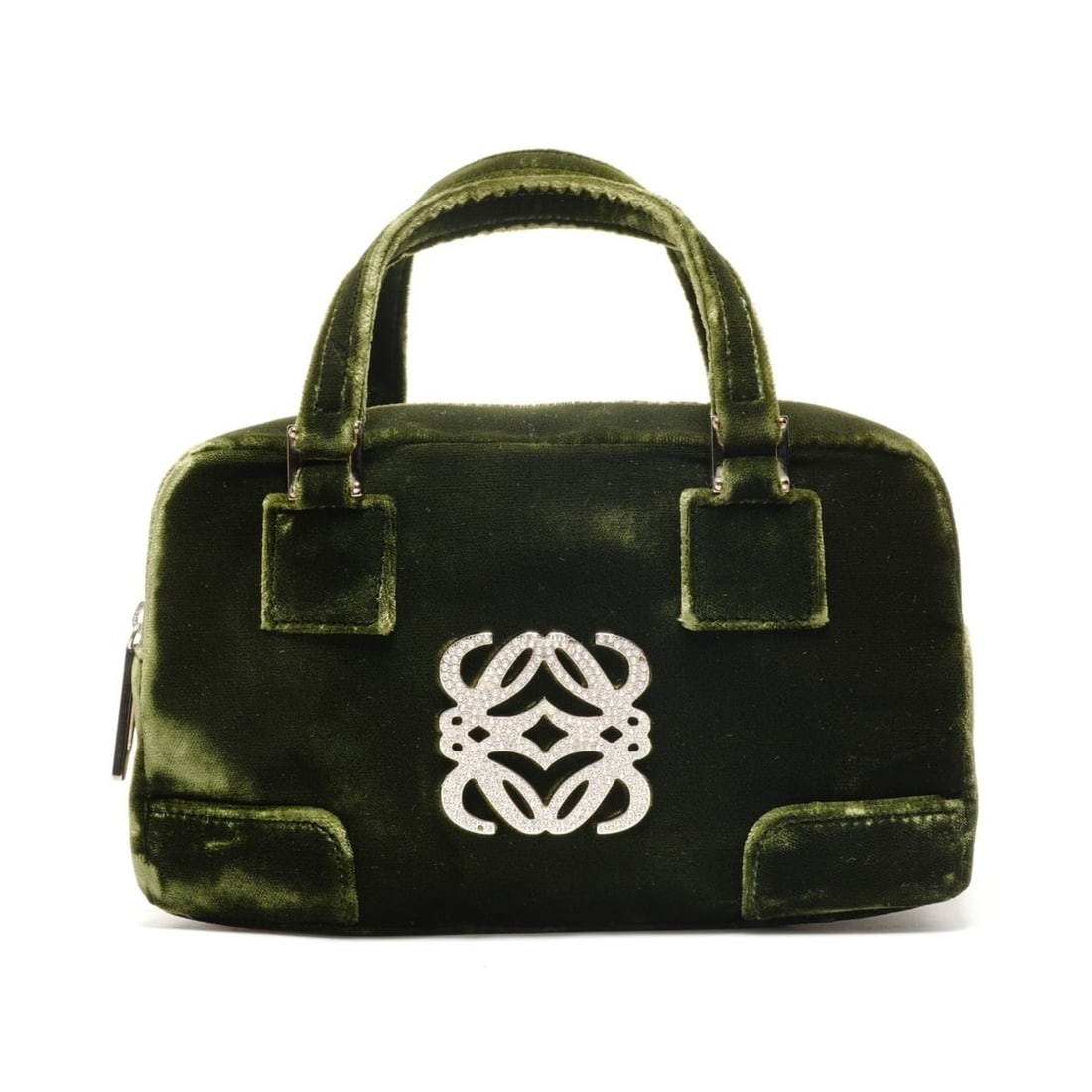 LOEWE Amazona Anagram Rhinestone Velour Handbag, Green, WS26360: --- Catalog ---Category: SizeSize (HxWxD): 12cm x 20cm x 6cm / 4.72'' x 7.87'' x 2.36''Category: DesignType: HandbagColor: GreenGender: WomenMaterial: Rhinestone Category: GeneralBrand: LoeweCountry o
