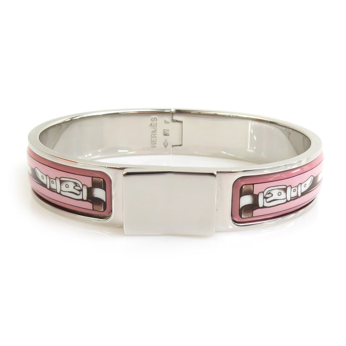 Hermes Hermès Click-Clack Metal Enamel Bangle Bracelet in Silver and Pink for Women, Free Shipping: --- Catalog ---Category: SizeLength: 15.5cm / 6.1''Category: DesignType: BangleColor: Pink, SilverGender: WomenMaterial: Enamel, MetalCategory: GeneralBrand: Hermes--- Item List ---Section: ConditionR