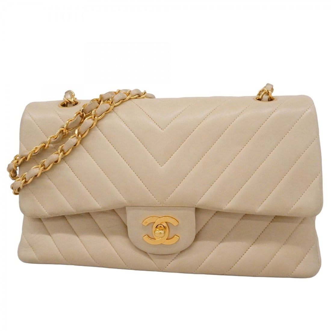 Chanel Shoulder Bag, V-Stitch, Double Flap, Chain, Lambskin, Beige, Women's: --- Catalog ---Category: SizeSize (HxWxD): 16cm x 26cm x 7cm / 6.29'' x 10.23'' x 2.75''Category: DesignType: Shoulder bagColor: BeigeGender: WomenMaterial: Leather Hardware Color: GoldLeather/Fur Typ