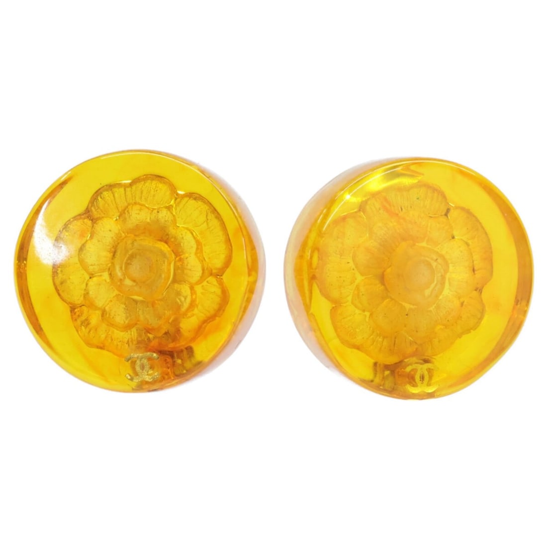 CHANEL 98A Amber-Tone Coco Mark x Camellia Design Earrings in Clear Orange and Gold for Women: --- Catalog ---Category: SizeSize (HxWxD): 25.40mm x 25.40mm / 1.00'' x 1.00''Category: DesignType: Clip earringsColor: Gold, OrangeGender: WomenCategory: GeneralBrand: Chanel--- Item List ---Section: