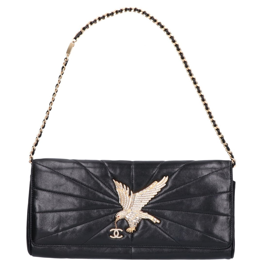 CHANEL 2001 Spring/Summer Collection 01P No. 6 Lambskin Eagle Chain Clutch Bag, Second Black,: --- Catalog ---Category: SizeSize (HxWxD): 14cm x 27cm x 2.5cm / 5.51'' x 10.62'' x 0.98''Category: DesignType: Clutch bagColor: BlackGender: WomenMaterial: Leather Leather/Fur Type: LambskinCategory: