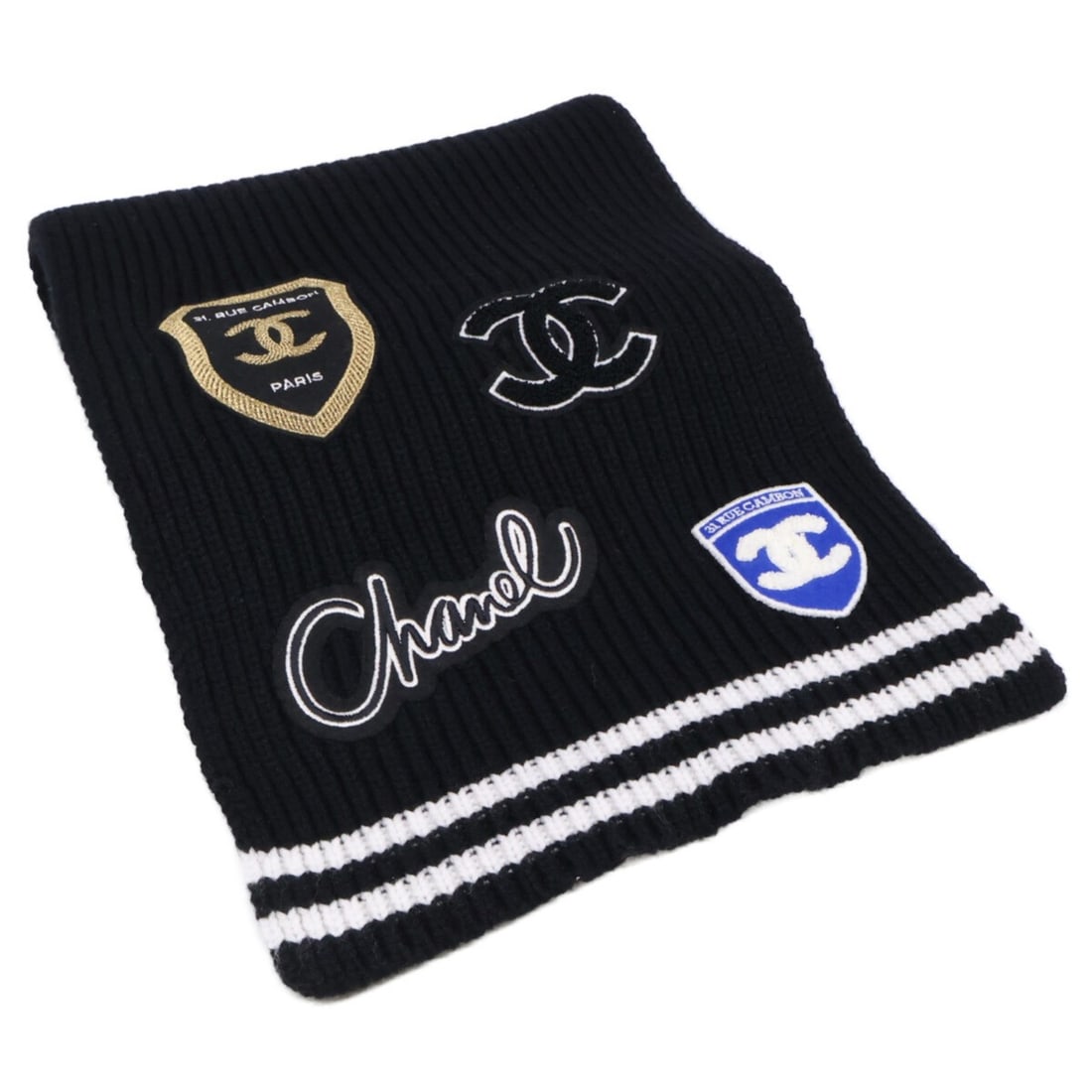 CHANEL 100% Cashmere Logo Multi-Patch Scarf, Black, Women's: --- Catalog ---Category: SizeSize (LxW): 2.04m x 27cm / 80.7'' x 10.62''Category: DesignType: StoleColor: BlackGender: WomenMaterial: Cashmere Category: GeneralBrand: Chanel--- Item List ---Section: C