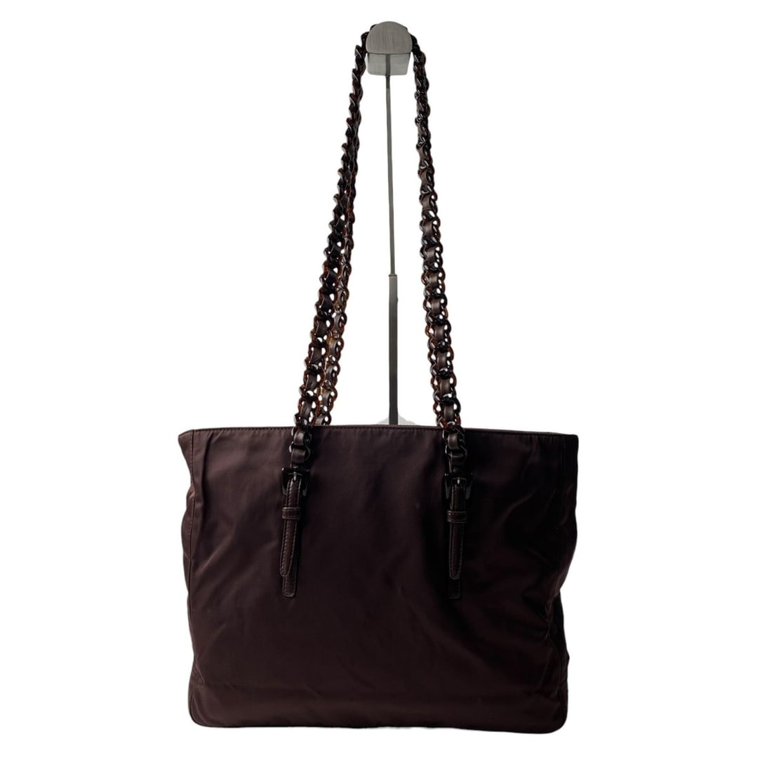 Prada Women's Nylon Chain Tote Bag with Triangle Logo Plate, Shoulder Strap: --- Catalog ---Category: SizeWeight: 479g / 1.05lb.Size (HxWxD): 24cm x 29cm x 8cm / 9.44'' x 11.41'' x 3.14''Strap Length: 98cm / 38.58''Category: DesignType: Tote bagColor: BrownGender: WomenMateria