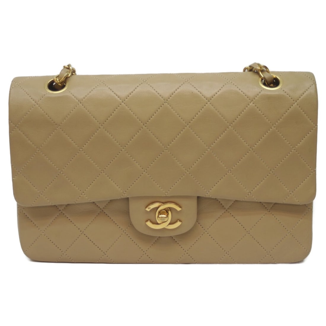 CHANEL No. 0 A01112 Beige Lambskin Double Flap Matelasse 25 Shoulder Bag with Gold Hardware, Beige, (1 of 20)