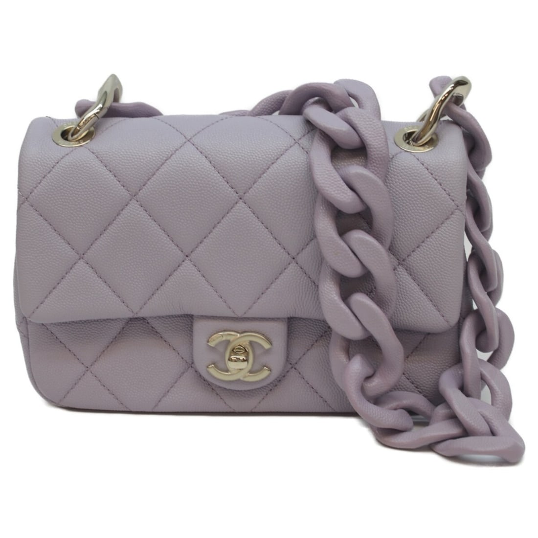 CHANEL Matelasse 20 Mini Flap Shoulder Bag in Lavender with Caviar, G Hardware, and Design Chain.: --- Catalog ---Category: SizeSize (HxWxD): 13cm x 19.5cm x 5.5cm / 5.11'' x 7.67'' x 2.16''Category: DesignType: Shoulder bagColor: Beige pinkGender: WomenMaterial: Grained Calfskin Category: GeneralB
