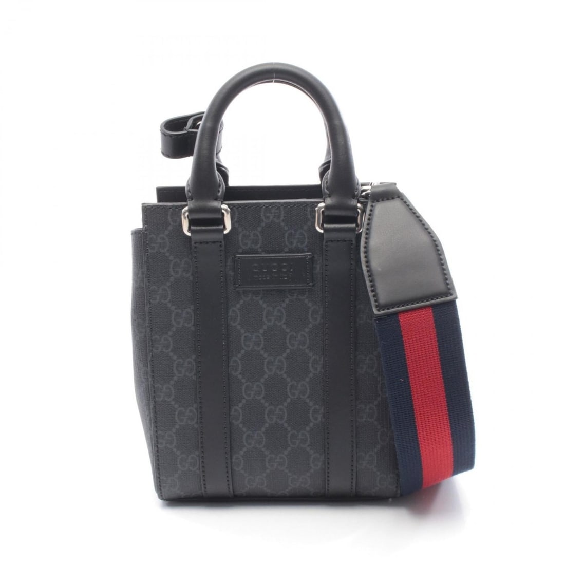 Gucci GG Supreme Web Line Tote Bag, Coated Canvas and Leather, Men's Women's, Gray Black, 696010: --- Catalog ---Category: SizeSize (HxWxD): 20cm x 16cm x 7.5cm / 7.87'' x 6.29'' x 2.95''Category: DesignType: Handbag, Tote bagColor: Black, GrayGender: Men,WomenMaterial: PVC , Coated canvas , Leath