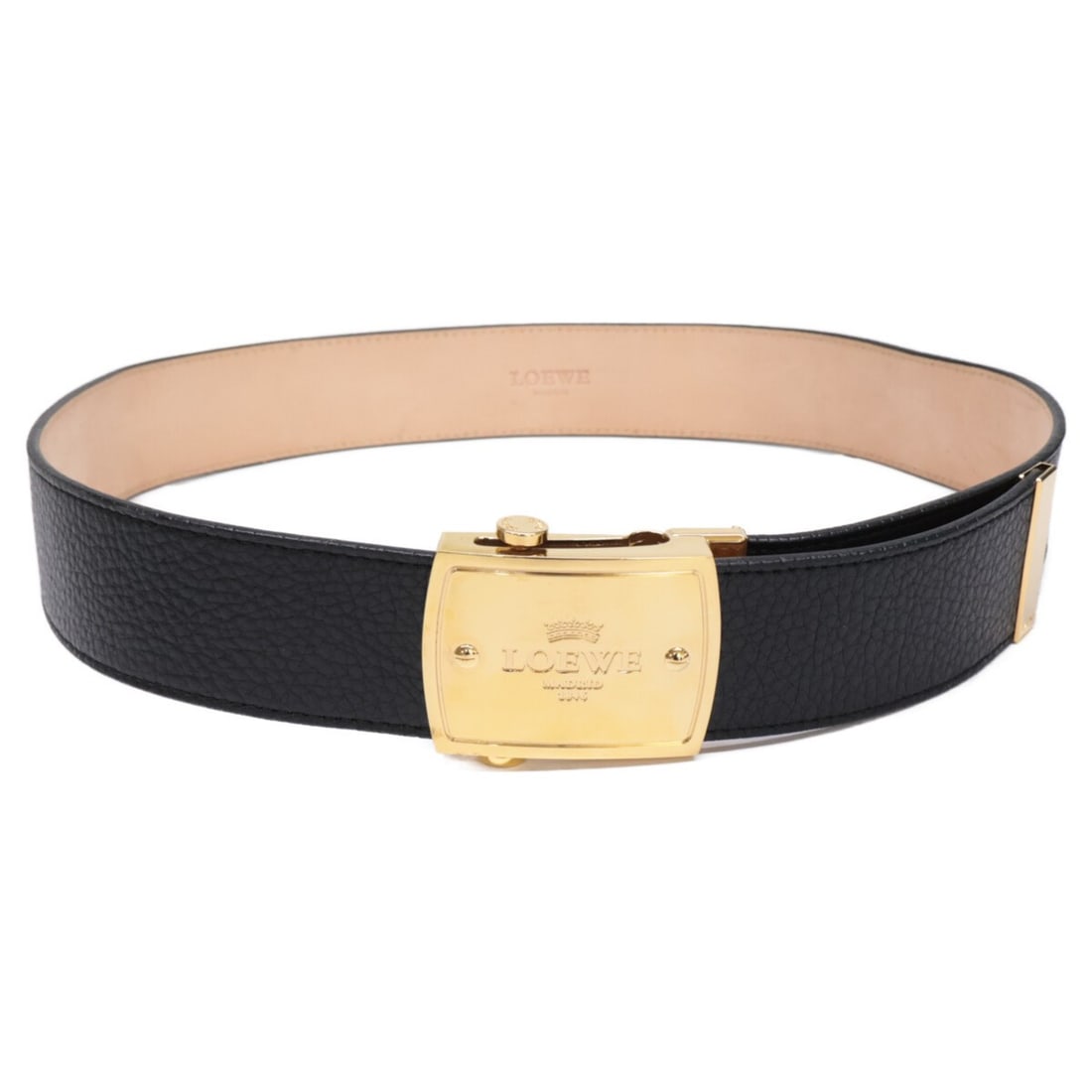 LOEWE Gold Logo Buckle Leather Belt in Black and for Women: --- Catalog ---Category: SizeLength: 95.5cm / 37.59''Category: DesignType: Standard beltColor: Black, GoldGender: WomenMaterial (Strap): Leather Category: GeneralBrand: Loewe--- Item List ---Section: