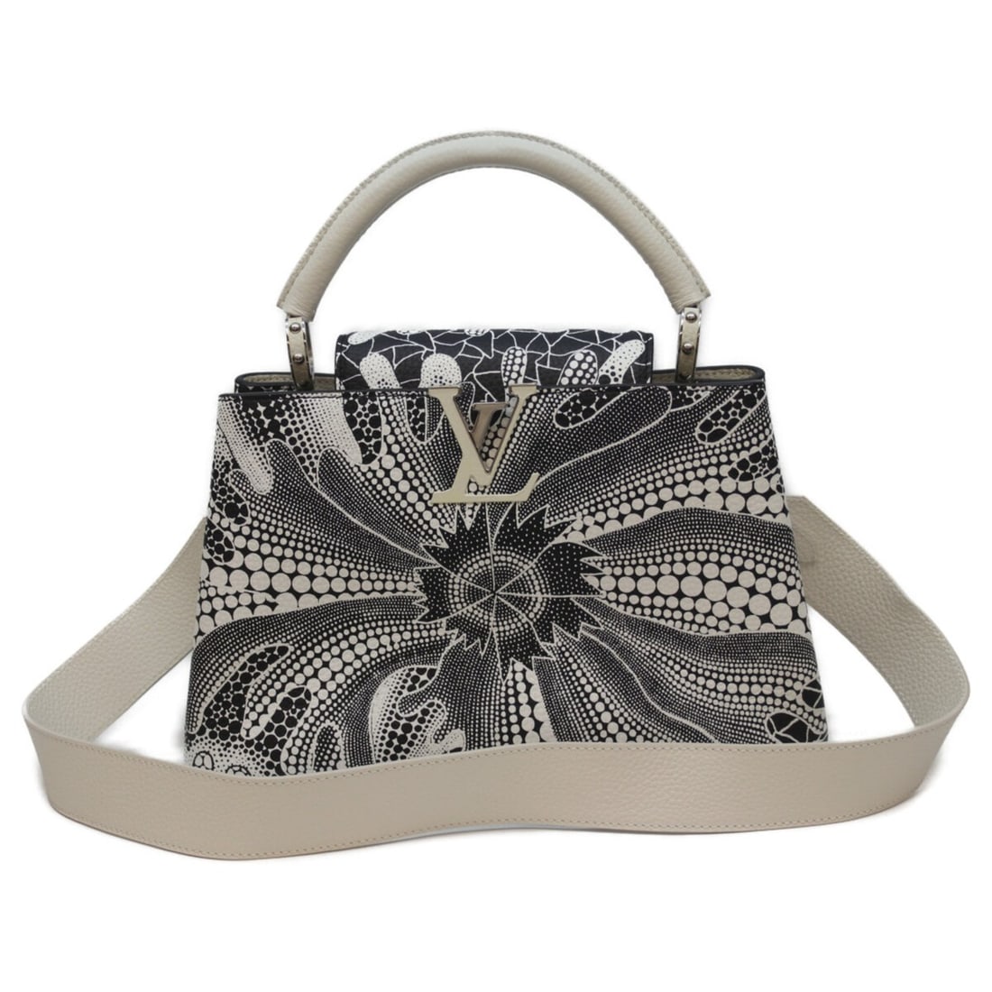 LOUIS VUITTON x KY Yayoi Kusama M21705 Taurillon Psychedelic Flower Capucines Handbag in Noir and: --- Catalog ---Category: SizeSize (HxWxD): 19.5cm x 31cm x 10cm / 7.67'' x 12.2'' x 3.93''Category: DesignType: HandbagColor: Blanc, NoirGender: WomenMaterial: Leather Leather/Fur Type: Taurillon leat