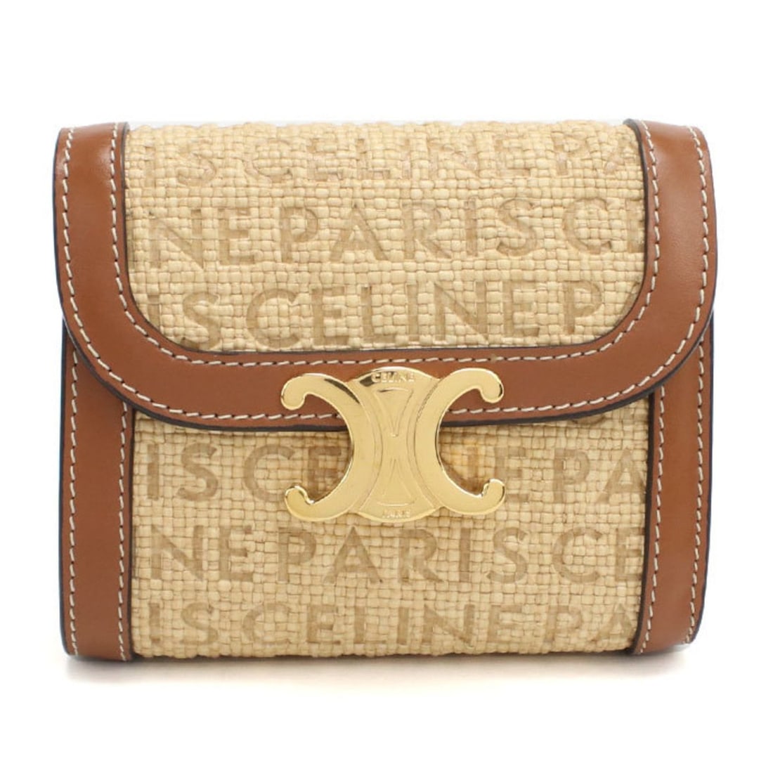 CELINE Triomphe Small Flap Wallet 10D78 Women's Beige: --- Catalog ---Category: SizeSize (HxWxD): 9cm x 10.5cm x 3cm / 3.54'' x 4.13'' x 1.18''Category: DesignType: Wallet (tri-fold)Color: BeigeGender: WomenSeason: Spring/summerMaterial: Leather , Raffia