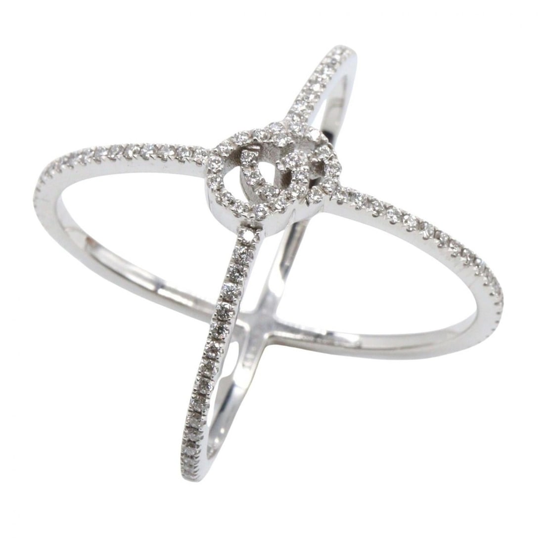 Gucci GG Running Cross Diamond Ring, 18K White Gold with Diamonds, Silver, for Women: --- Catalog ---Category: SizeJP Size: 8US Size: 4.5Category: DesignType: Band ringColor: WhiteGender: WomenMaterial: White gold (18K)Category: GeneralBrand: Gucci--- Item List ---Section: ConditionRan