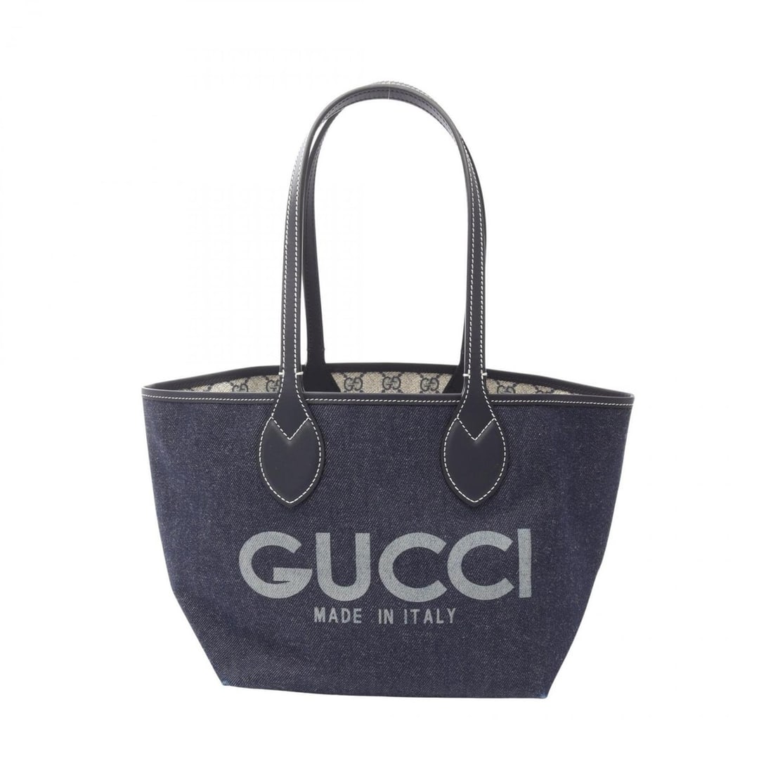 Gucci Tortissima Small Tote Bag, Handbag, Denim and Coated Canvas, Women's, Navy Beige, 820496: --- Catalog ---Category: SizeSize (HxWxD): 20cm x 21cm x 18cm / 7.87'' x 8.26'' x 7.08''Category: DesignType: Handbag, Tote bagColor: Beige, NavyGender: WomenMaterial: Denim , Coated canvas Category: