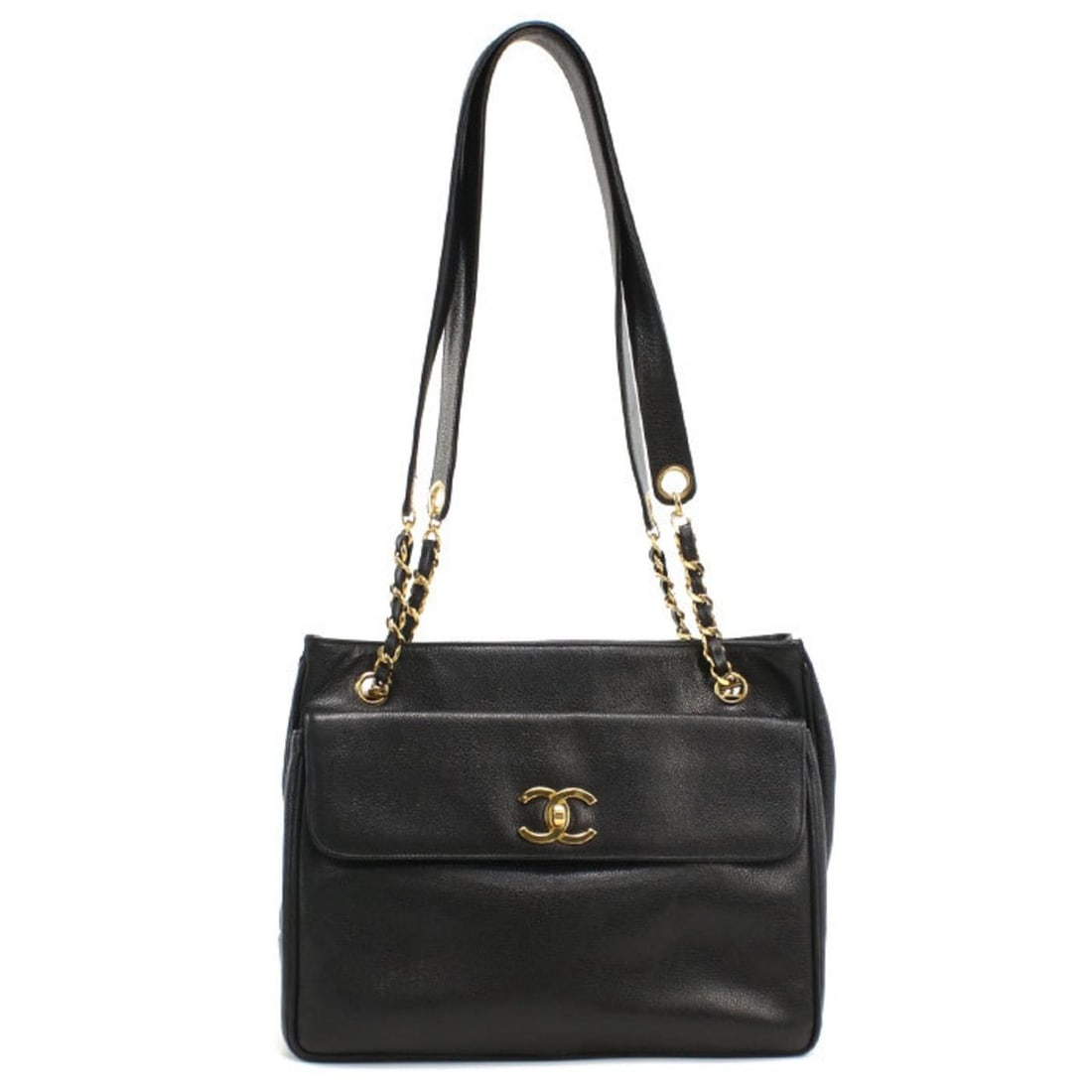 CHANEL Tote Bag with Chain and Coco Mark, Women's, Black: --- Catalog ---Category: SizeSize (HxWxD): 25cm x 32cm x 8cm / 9.84'' x 12.59'' x 3.14''Category: DesignType: Tote bagColor: BlackGender: WomenMaterial: Grained Calfskin Category: GeneralBrand: Chanel