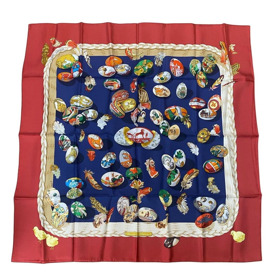 Hermès Women's Carré 90 Scarf COUVEE D'HERMES (Egg of Hermès): --- Catalog ---Category: SizeSize (LxW): 90cm x 90cm / 35.43'' x 35.43''Category: DesignType: ScarfColor: Multi-colorGender: WomenMaterial: Silk Category: GeneralBrand: Hermes--- Item List ---Section: