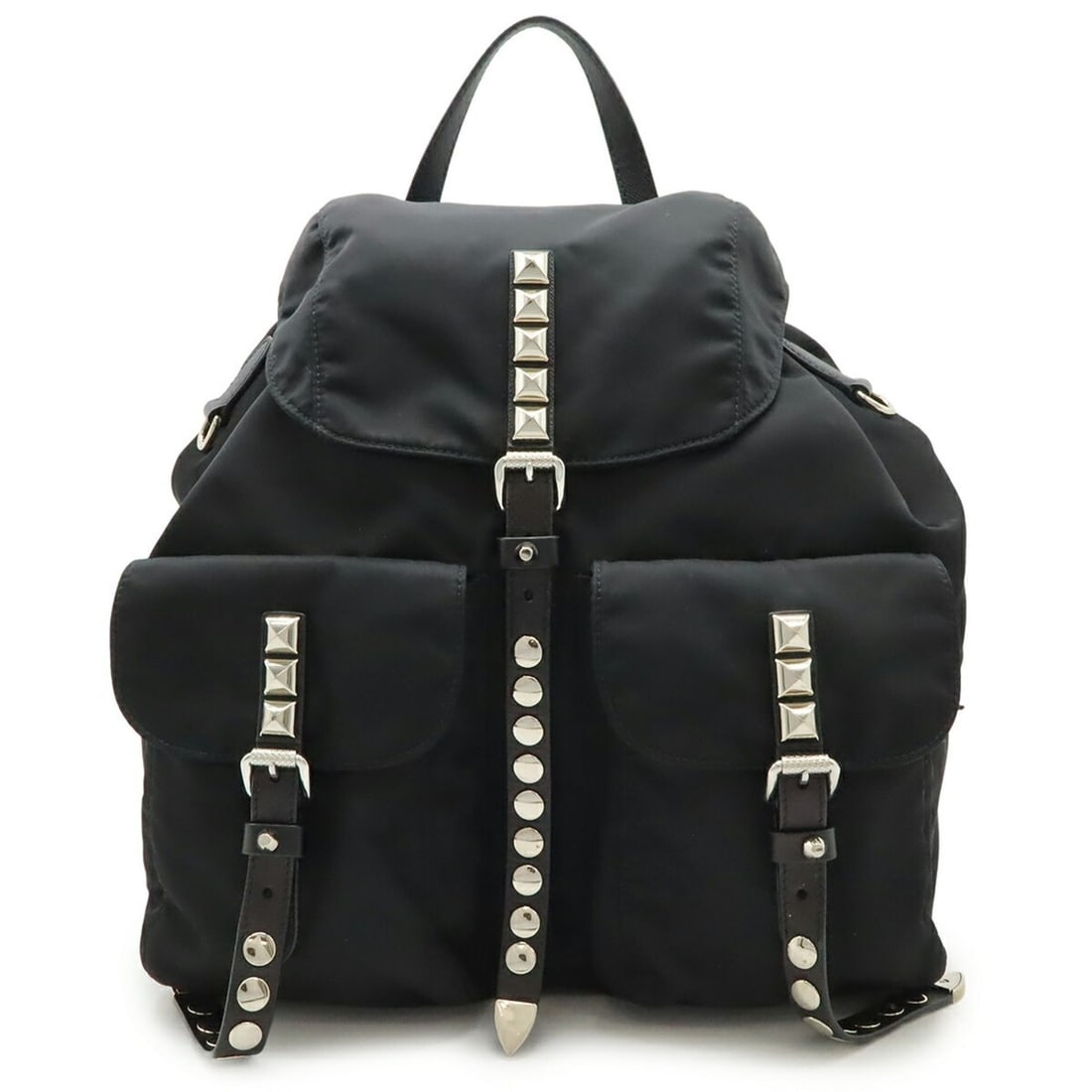 PRADA Triangle Backpack in Studded Nylon and Leather, Black, 1BZ811: --- Catalog ---Category: SizeWeight: 720g / 1.58lb.Size (HxWxD): 29cm x 29.5cm x 14.5cm / 11.41'' x 11.61'' x 5.7''Category: DesignType: BackpackColor: Black, NeroGender: WomenMaterial: Nylon , Leathe