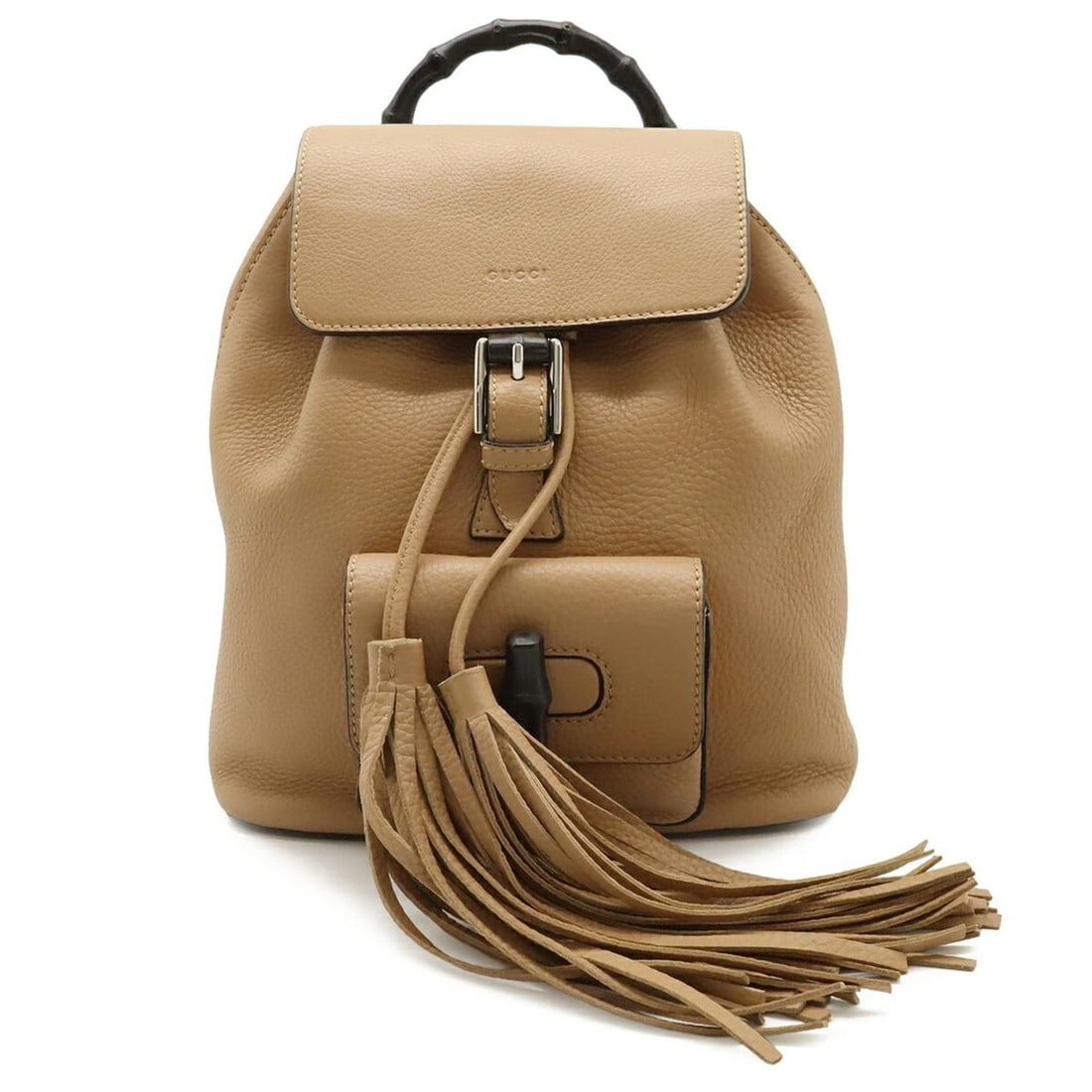 GUCCI Bamboo Backpack, Shoulder Bag with Tassel, Leather, Beige, 387149: --- Catalog ---Category: SizeWeight: 780g / 1.71lb.Size (HxWxD): 25.5cm x 24cm x 9.5cm / 10.03'' x 9.44'' x 3.74''Category: DesignType: Backpack, Shoulder bagColor: BeigeGender: WomenMaterial: Bamboo