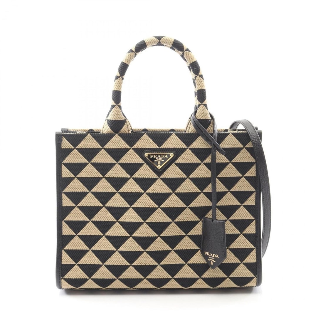 Prada TRIANGOLO JACQUARD Symbol Small Tote Bag in Canvas and Saffiano Leather, Beige Black, 1BA354: --- Catalog ---Category: SizeSize (HxWxD): 21cm x 28cm x 8.5cm / 8.26'' x 11.02'' x 3.34''Category: DesignType: Tote bagColor: Beige, BlackGender: WomenMaterial: Canvas , Leather Leather/Fur Type: Saf