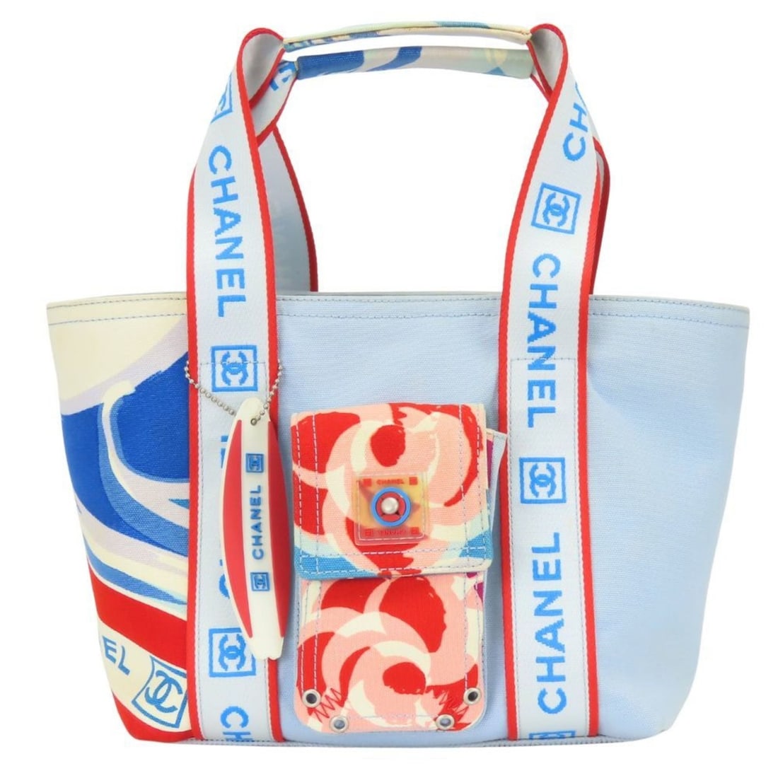Chanel Surf High Summer Camellia Sport Line Canvas Tote Bag, Light Blue, Red, Pink, Women's, Sold: --- Catalog ---Category: SizeSize (HxWxD): 20.5cm x 34cm x 13.5cm / 8.07'' x 13.38'' x 5.31''Category: DesignType: Tote bagColor: Light blue, Pink, Red colorGender: WomenMaterial: High Summer , Canvas