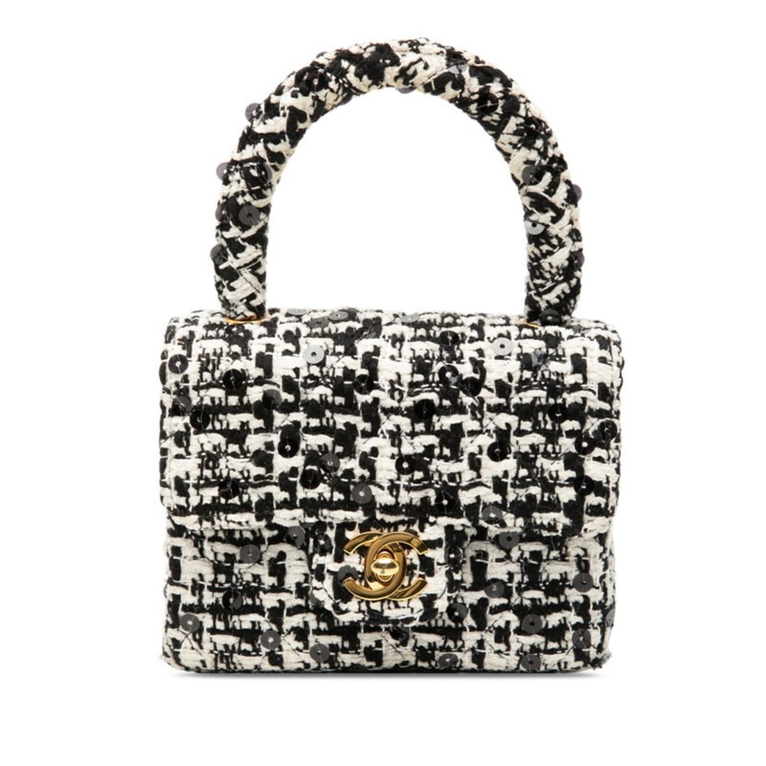 Chanel Coco Mark Mini Handbag in Black and White Tweed with Sequins for Women: --- Catalog ---Category: SizeSize (HxWxD): 11cm x 14cm x 6cm / 4.33'' x 5.51'' x 2.36''Category: DesignType: HandbagColor: Black, WhiteGender: WomenMaterial: Tweed , Spangles Category: GeneralBrand: C